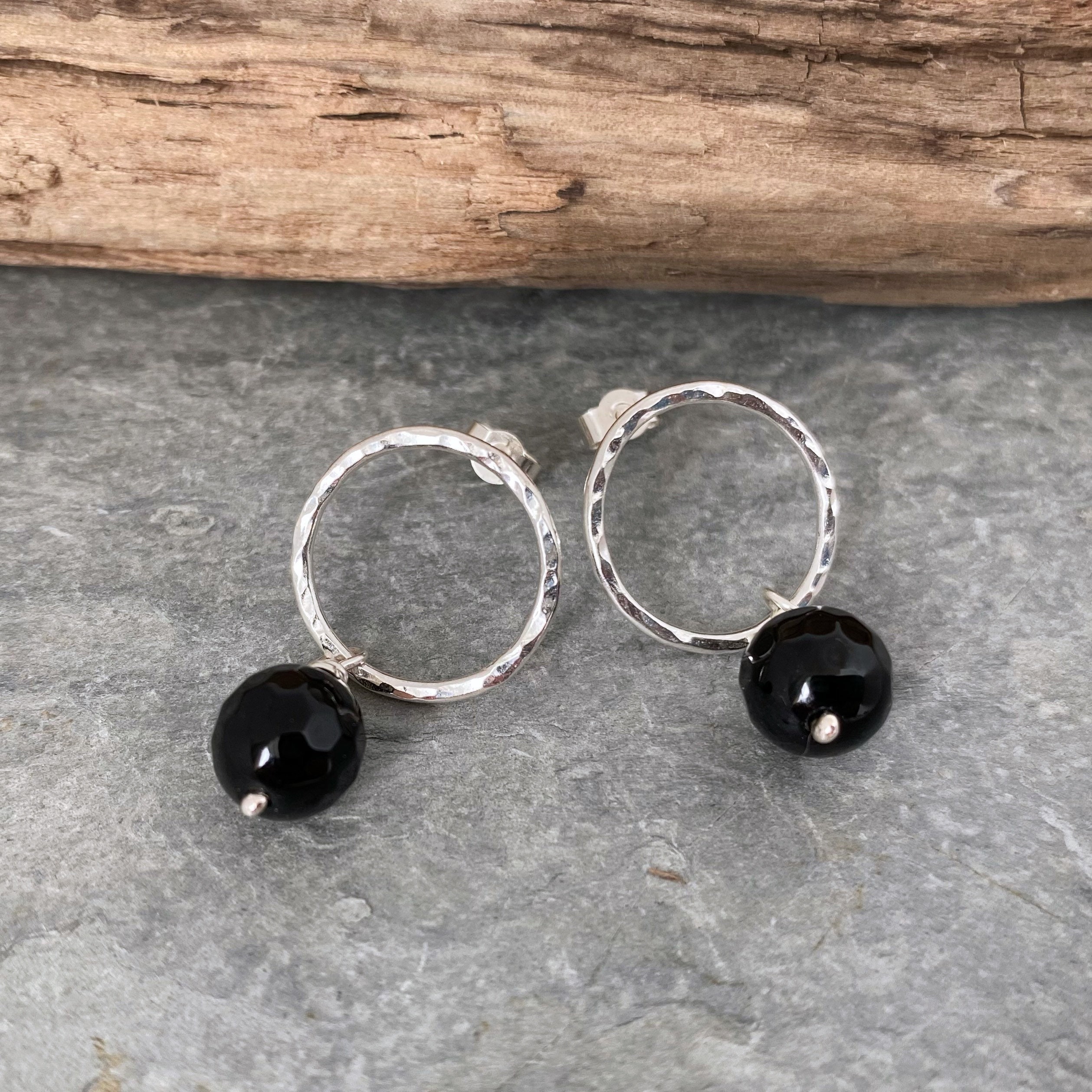 Silver Circle Stud Earrings With Black Onyx Beads. Hammered Silver Round Earrings, Small Hoop Black