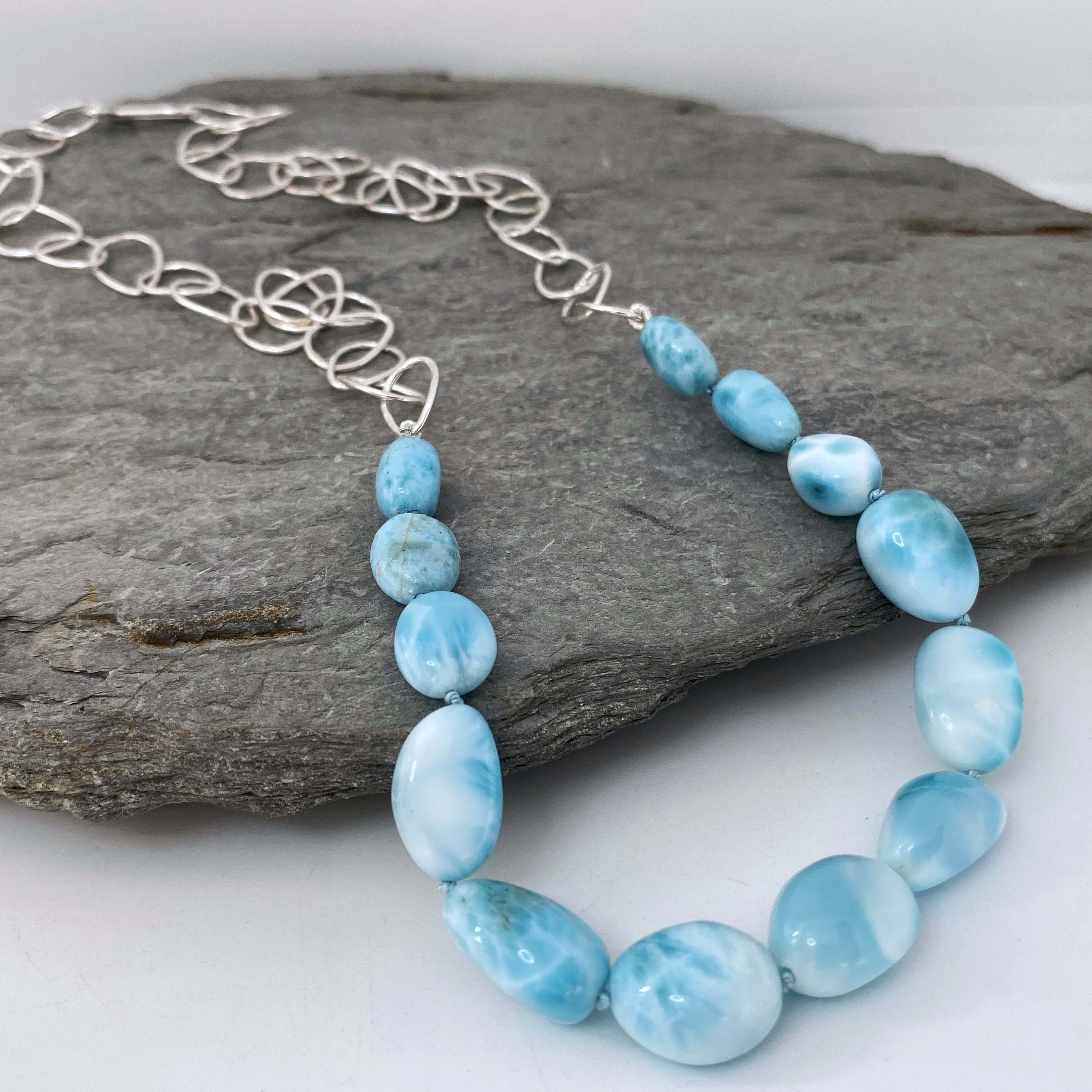 Unique Larimar Beads & Delicate Handmade Silver Chain Necklace