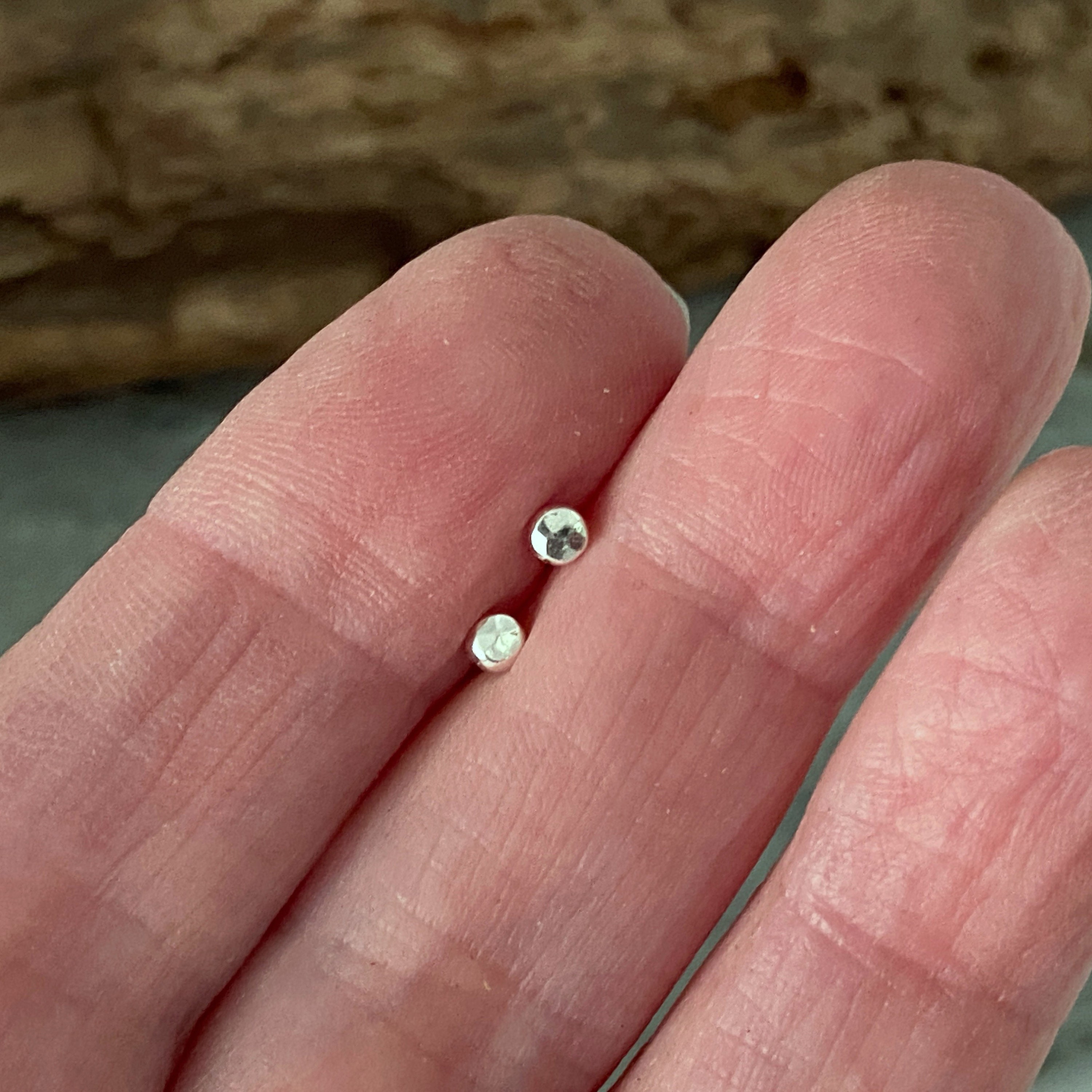 Tiny Silver Dot Studs With A Random Hammered Faceted Look, Minimalist Studs, Very Small Sterling Earrings