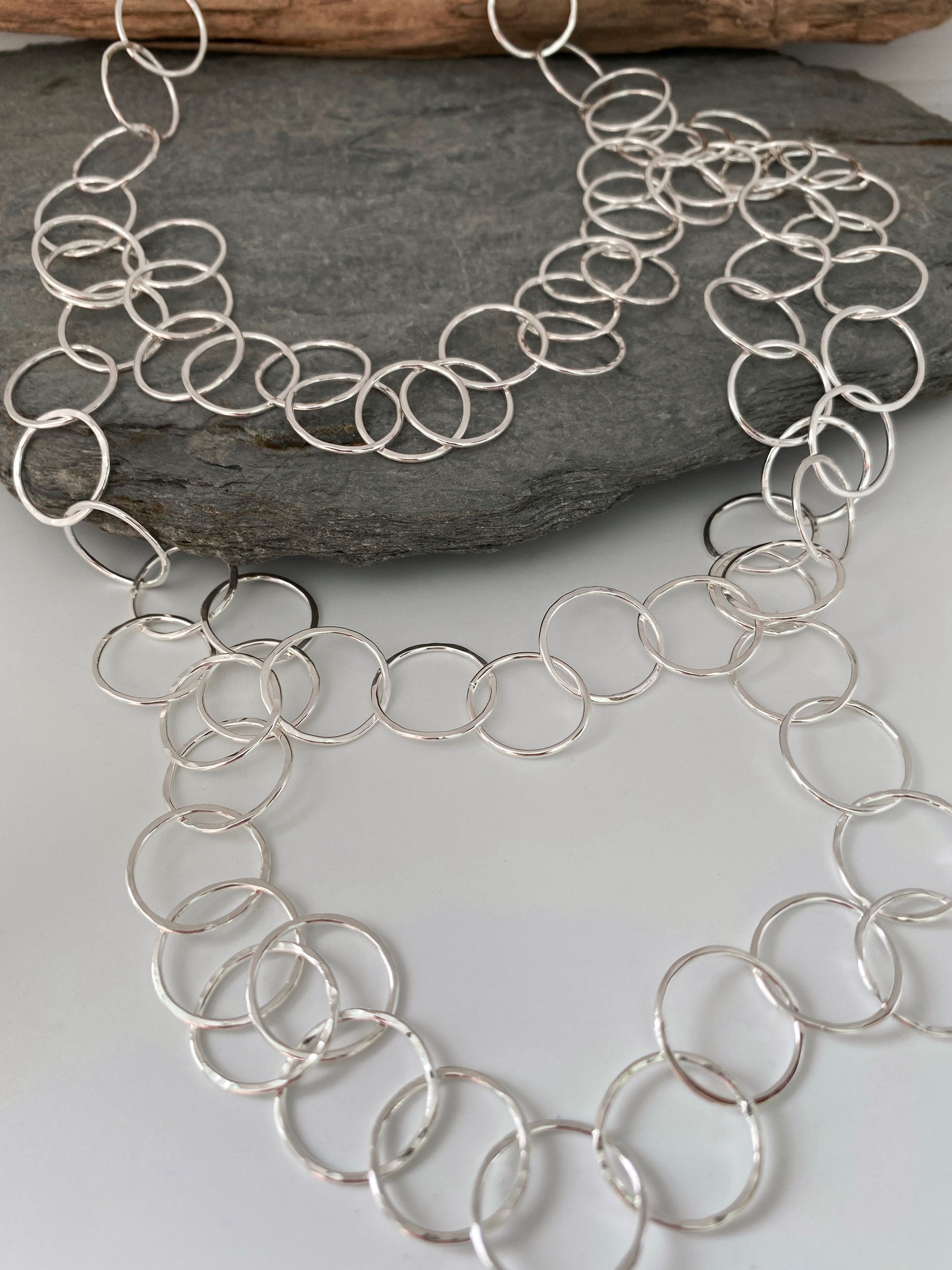 Long Handmade Sterling Silver Chain Necklace With Three Layers, Made From Large Round Open Hammered Links