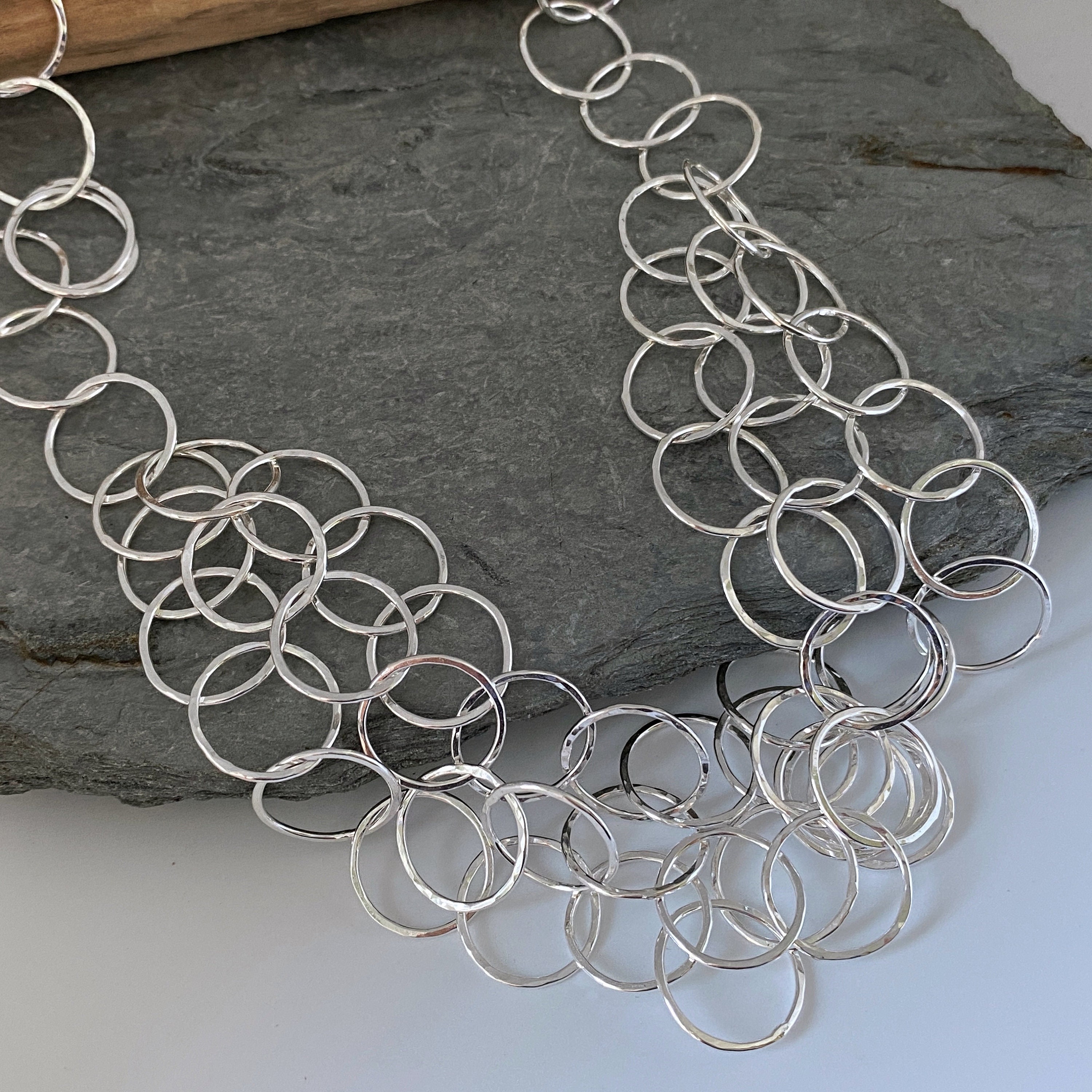 Short Three Layer Chain Necklace Made From Round Links With A Sparkly Hammered Finish. Handmade Silver Necklace. Unique