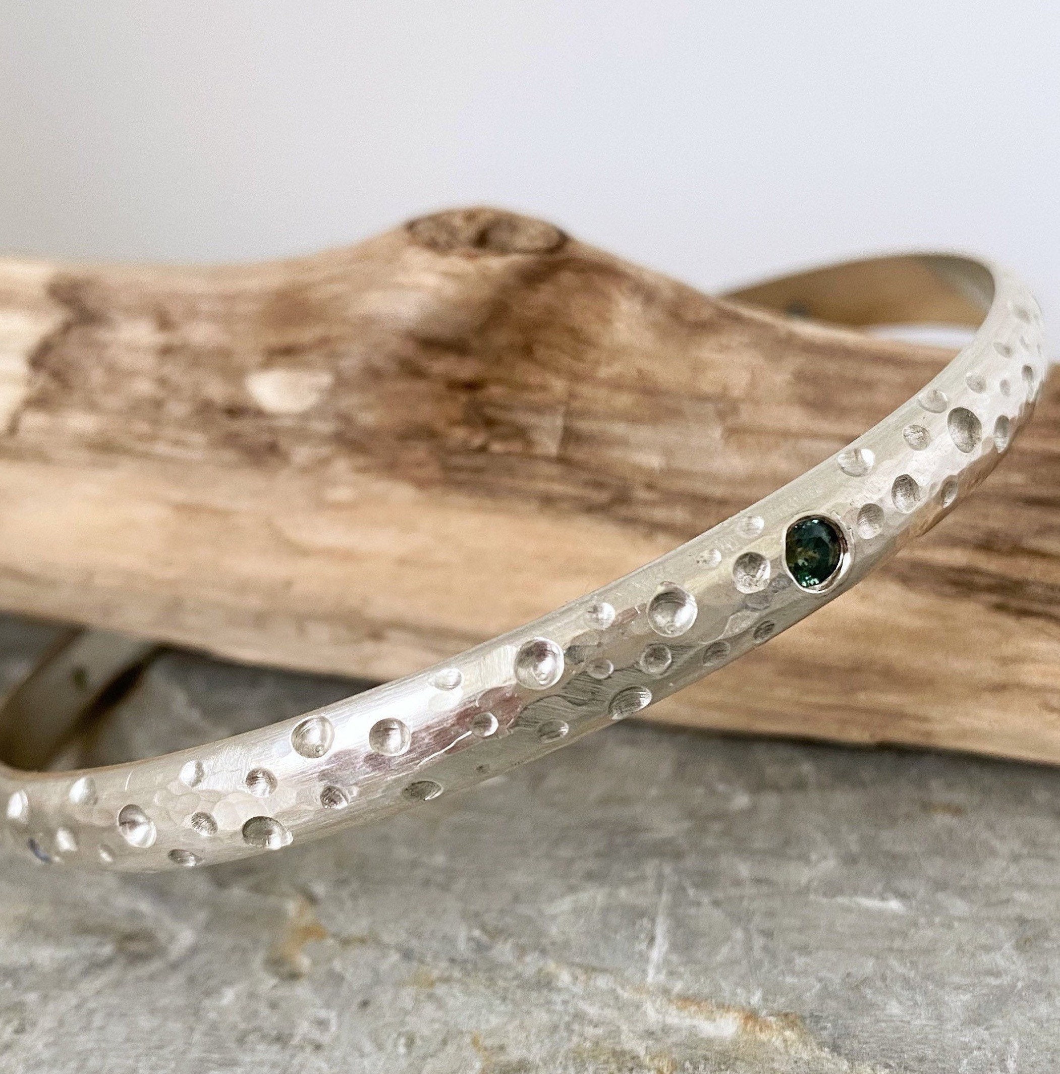 Solid Silver Bangle With Blue & Green Sapphire Stones, Hammered Bracelet, Textured Chunky Bangle