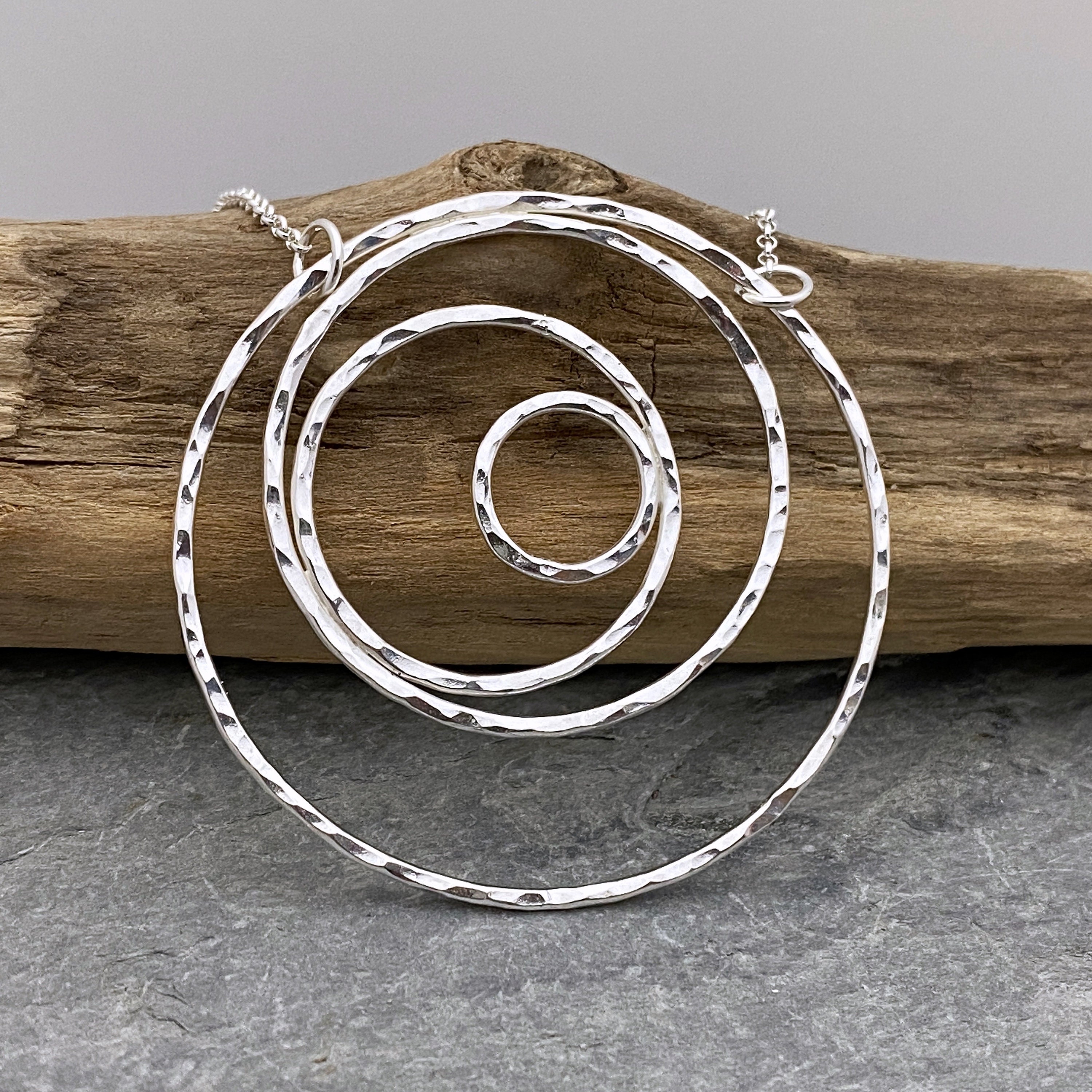 Silver Circle Necklace, Large Circles Pendant, Hammered Silver Pendant On Chain, Rings Necklace
