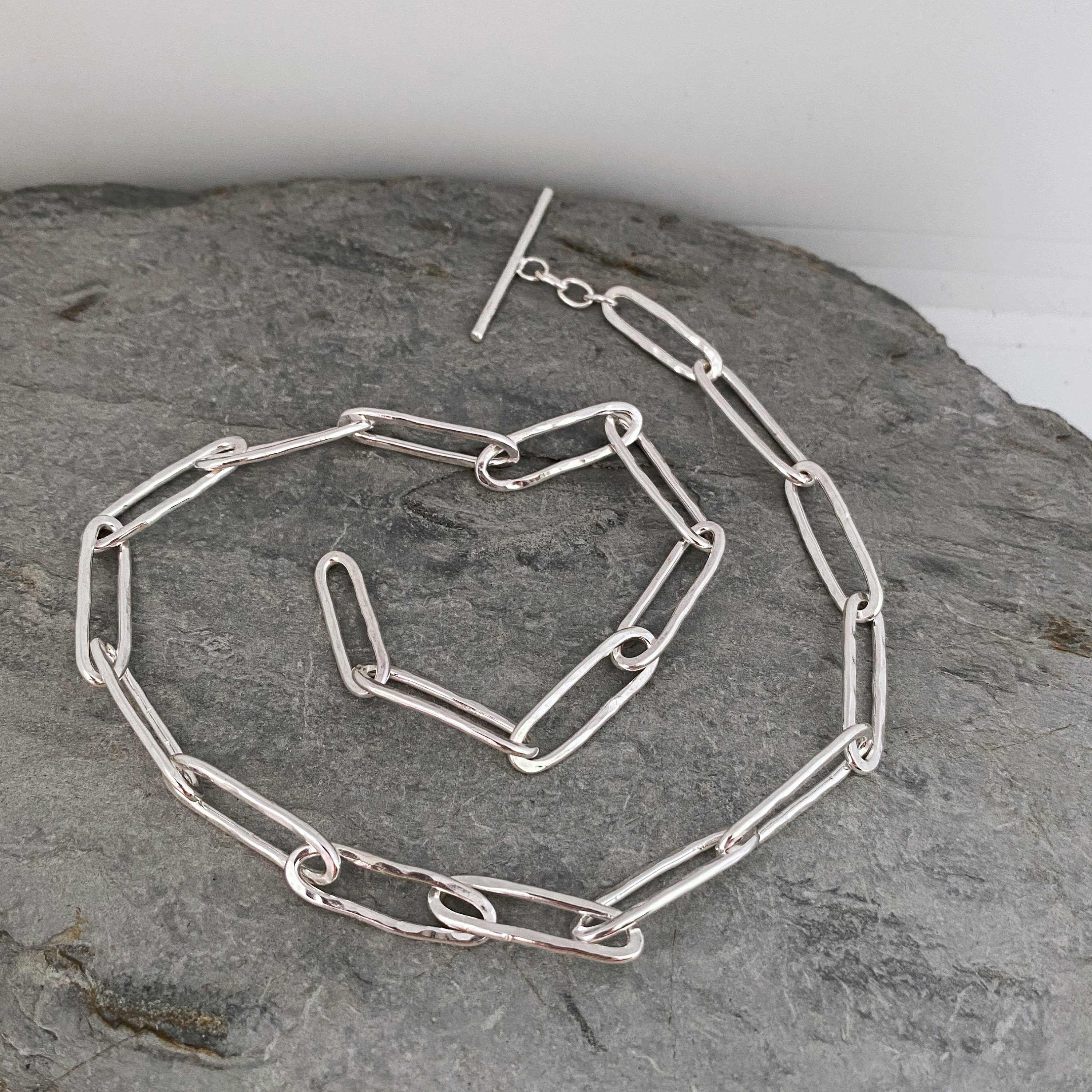 Chunky Silver Chain With Paper Clip Links, Heavy Necklace, Hammered Long Links Chain, Thick Necklace