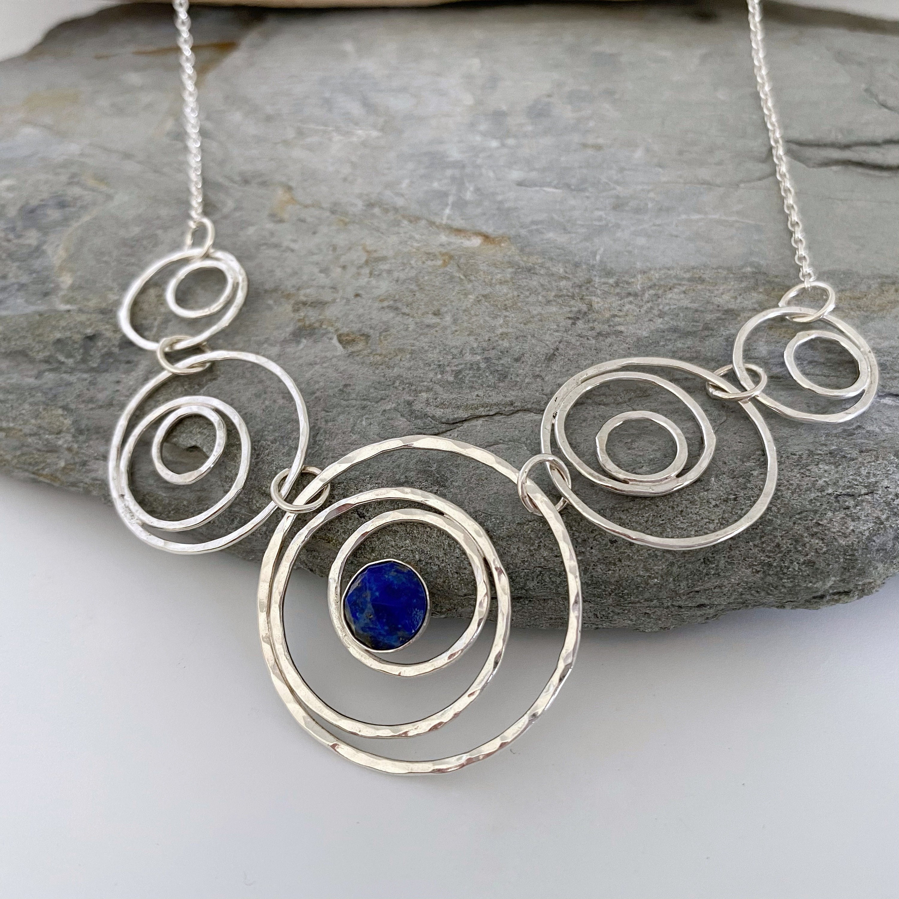 Lapis Lazuli Necklace, Silver Circles Bib Solid Silver Chain Necklace Made From Hammered With Stone