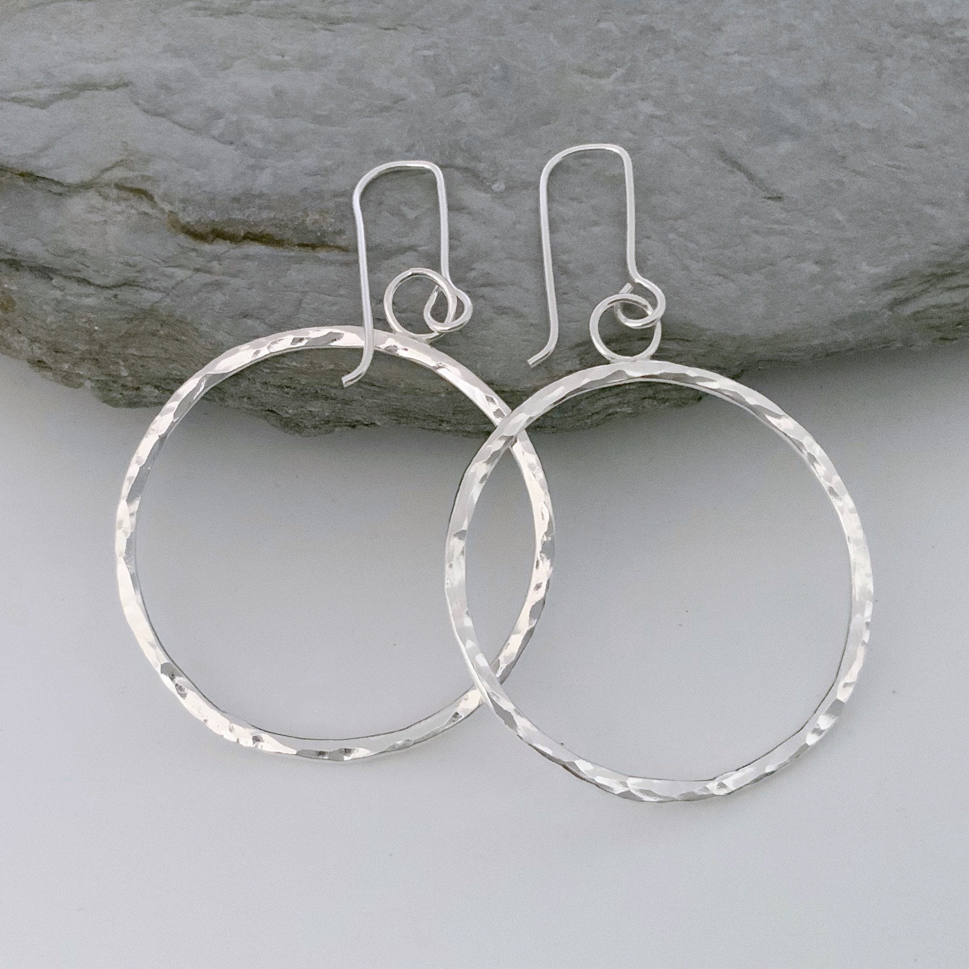 Solid Silver Hoop Earrings, Large Round Hammered Dangly Earrings