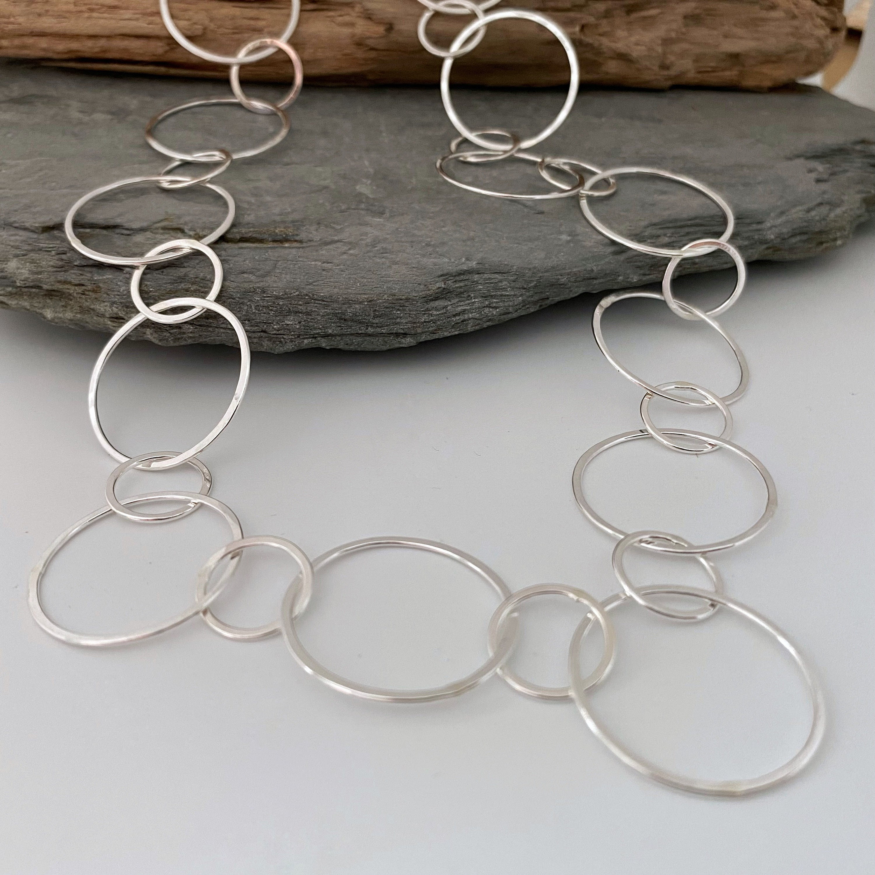 Silver Chain Necklace With Large Round Links, Links Hammered Silver Necklace, Solid
