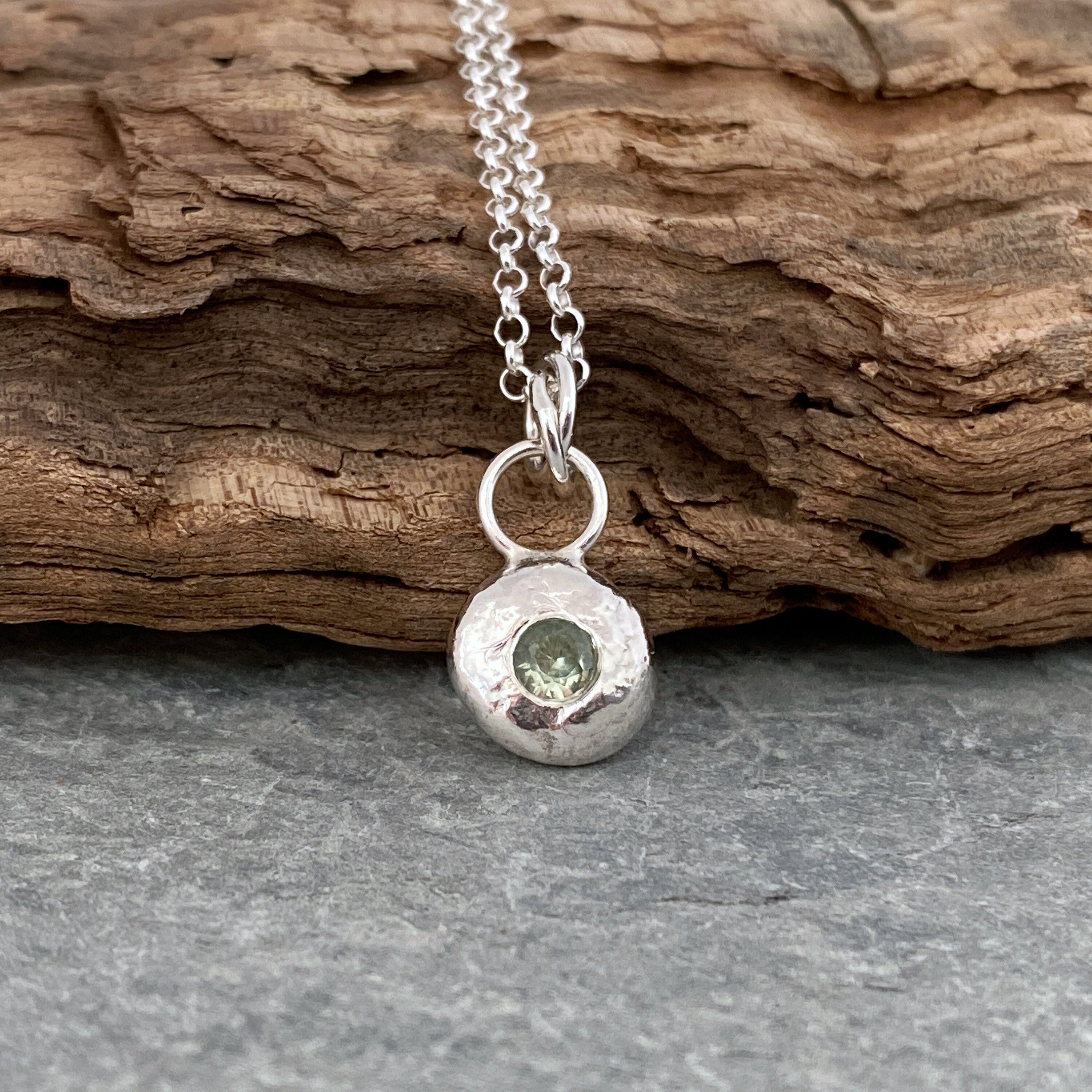 Silver Nugget Pendant, Sapphire Necklace, Raw Silver Green Tiny Organic Silver
