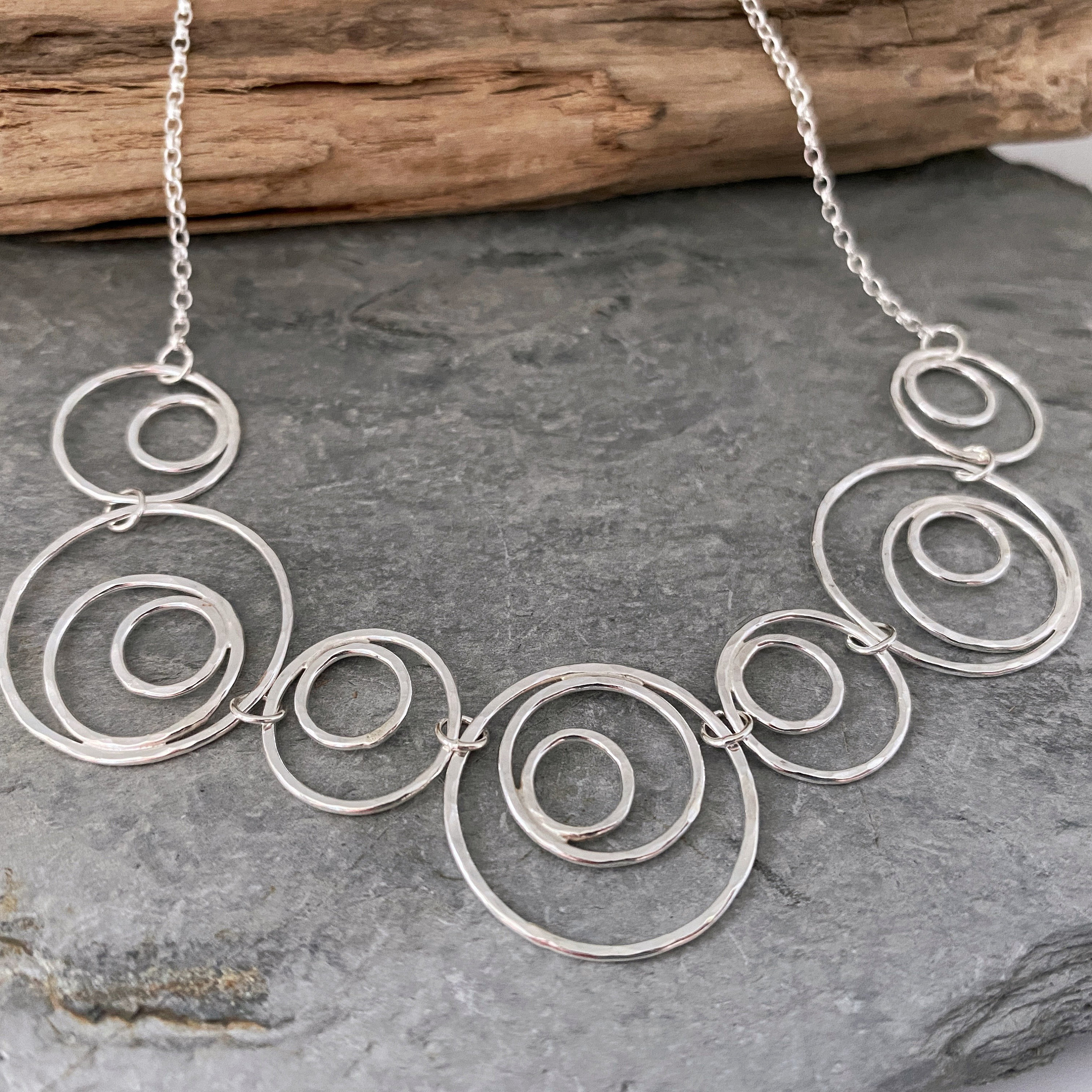 Silver Statement Necklace, Handmade Solid Silver Bib Circle Links & Chain Unusual Necklace Design