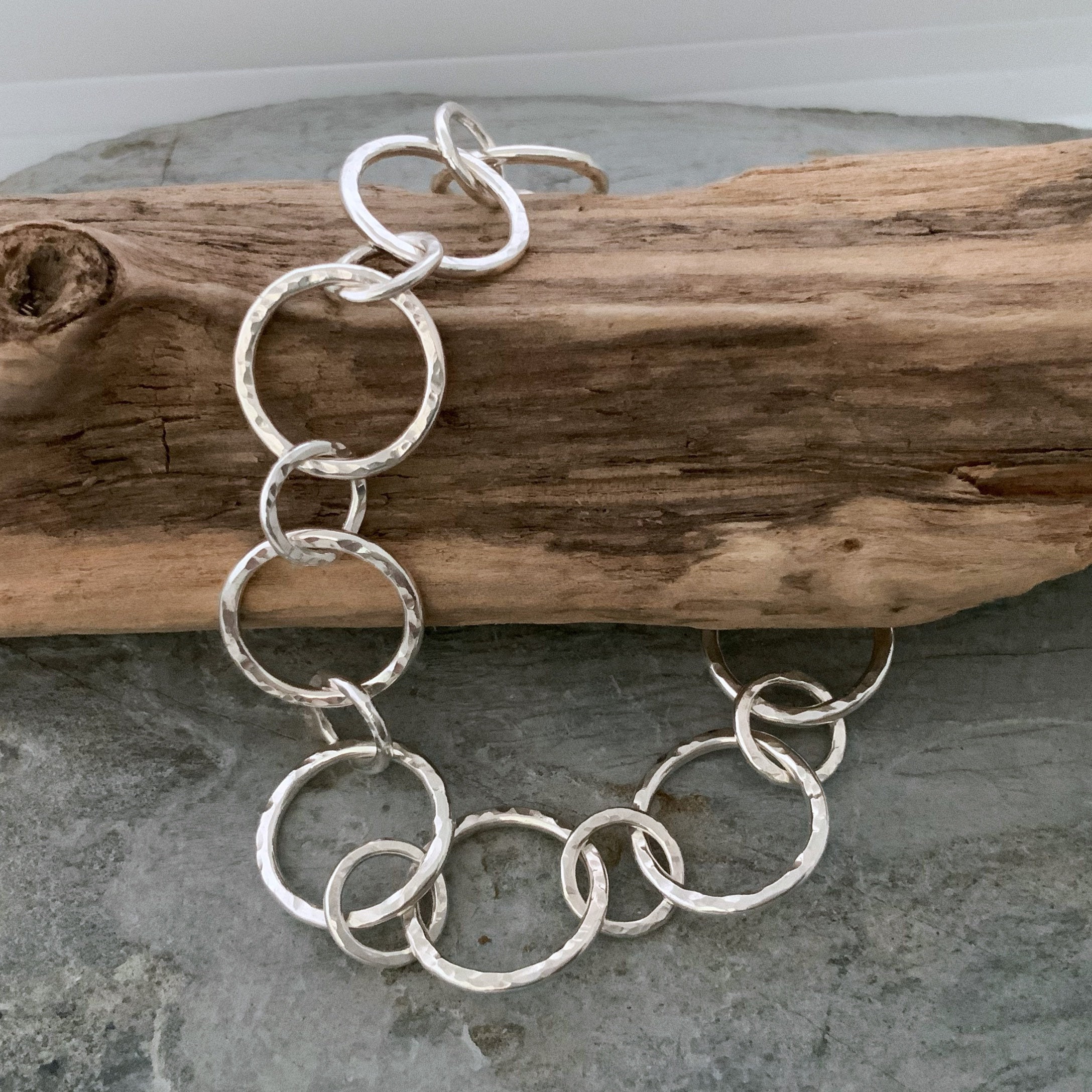 Silver Chain Bracelet, Chunky Silver Round Links Hammered Bracelet