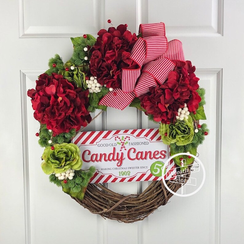SALE Christmas Wreath Candy Cane Wreath Hydrangea Wreath image 1