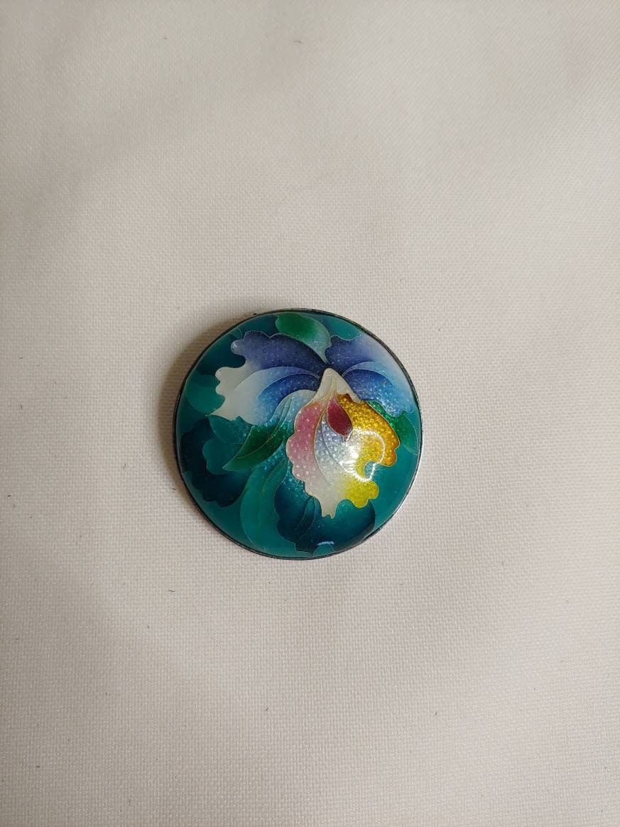 1970s Vintage Japanese Orchid Floral Enamel Brooch / Pendant