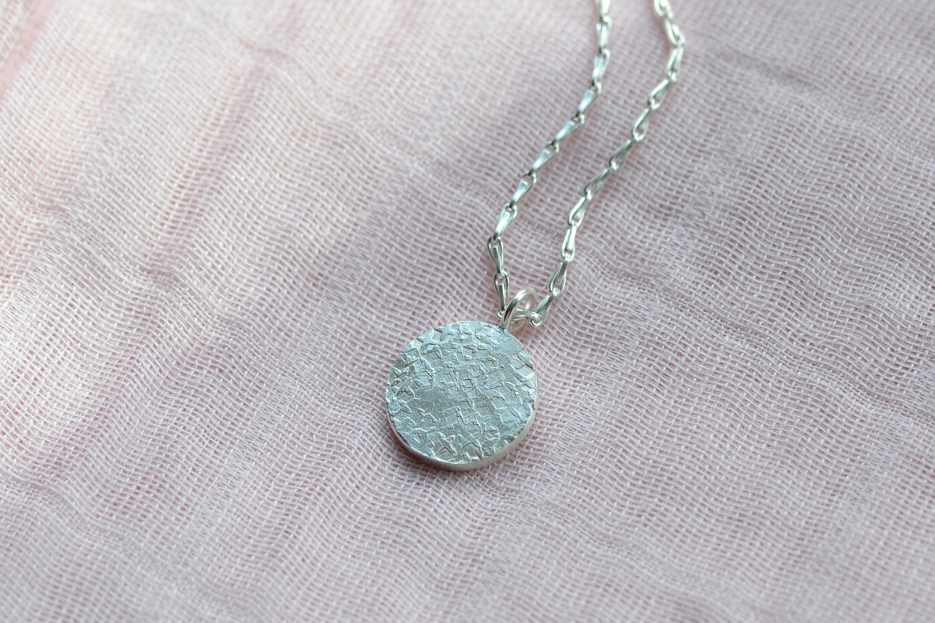 stardust Textured Disc Necklace | Recycled Silver Coin Circle Pendant Barleycorn Chain