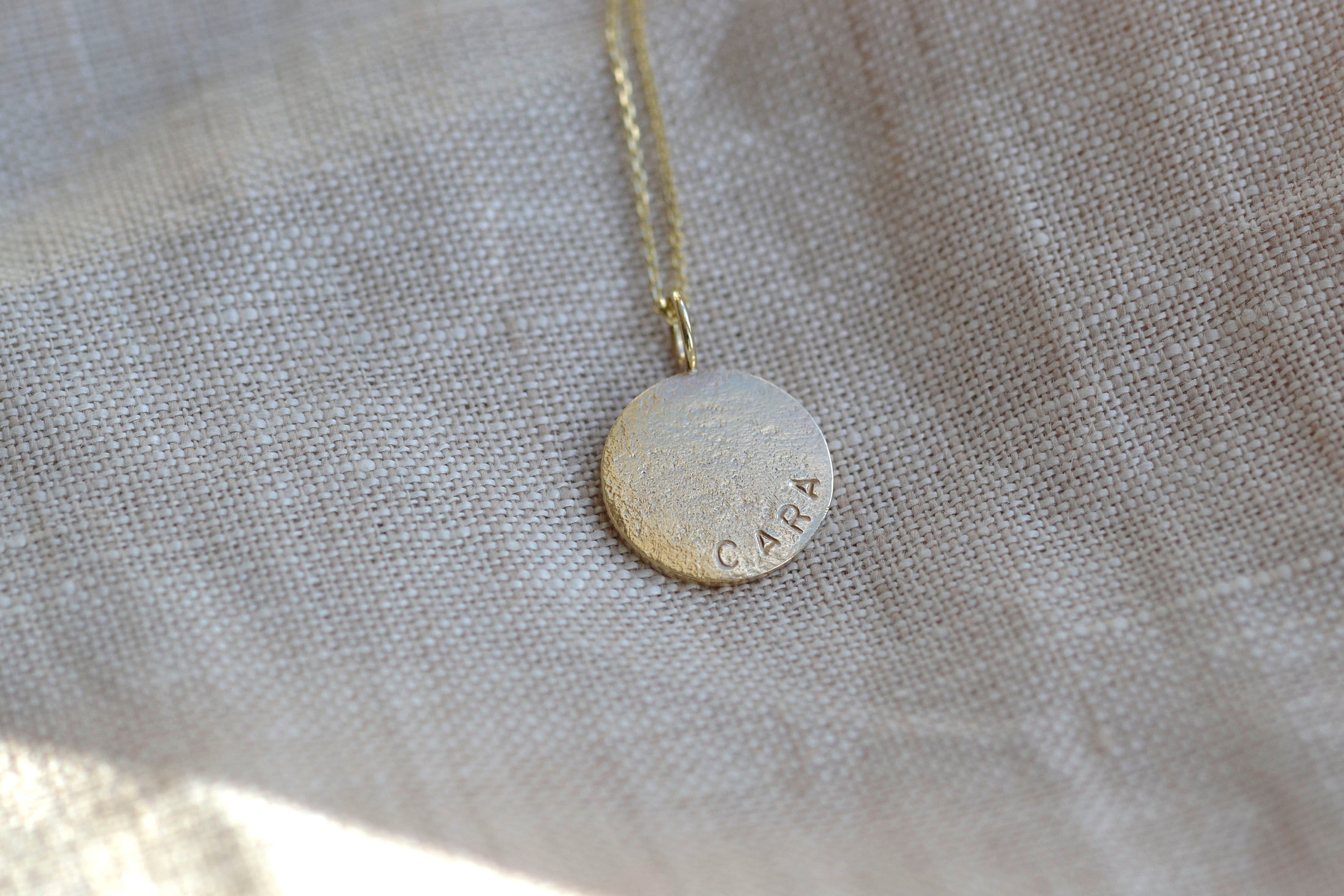 Solis Solid Gold Personalised Disc Necklace | Recycled 9Ct Circle Pendant Name Coin