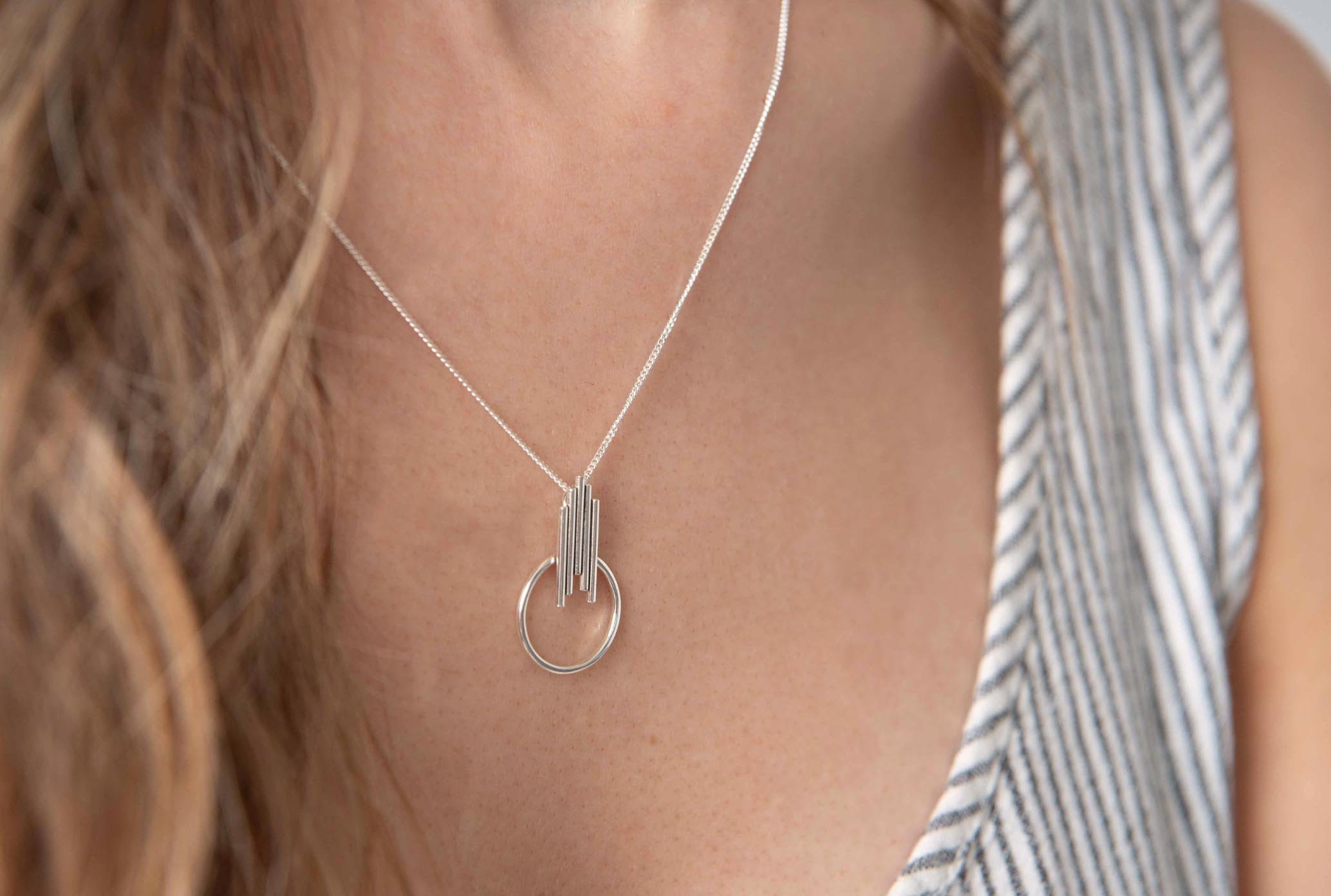 sterling Silver Ventura Circle Necklace | Art Deco Minimalist Pendant Arrow