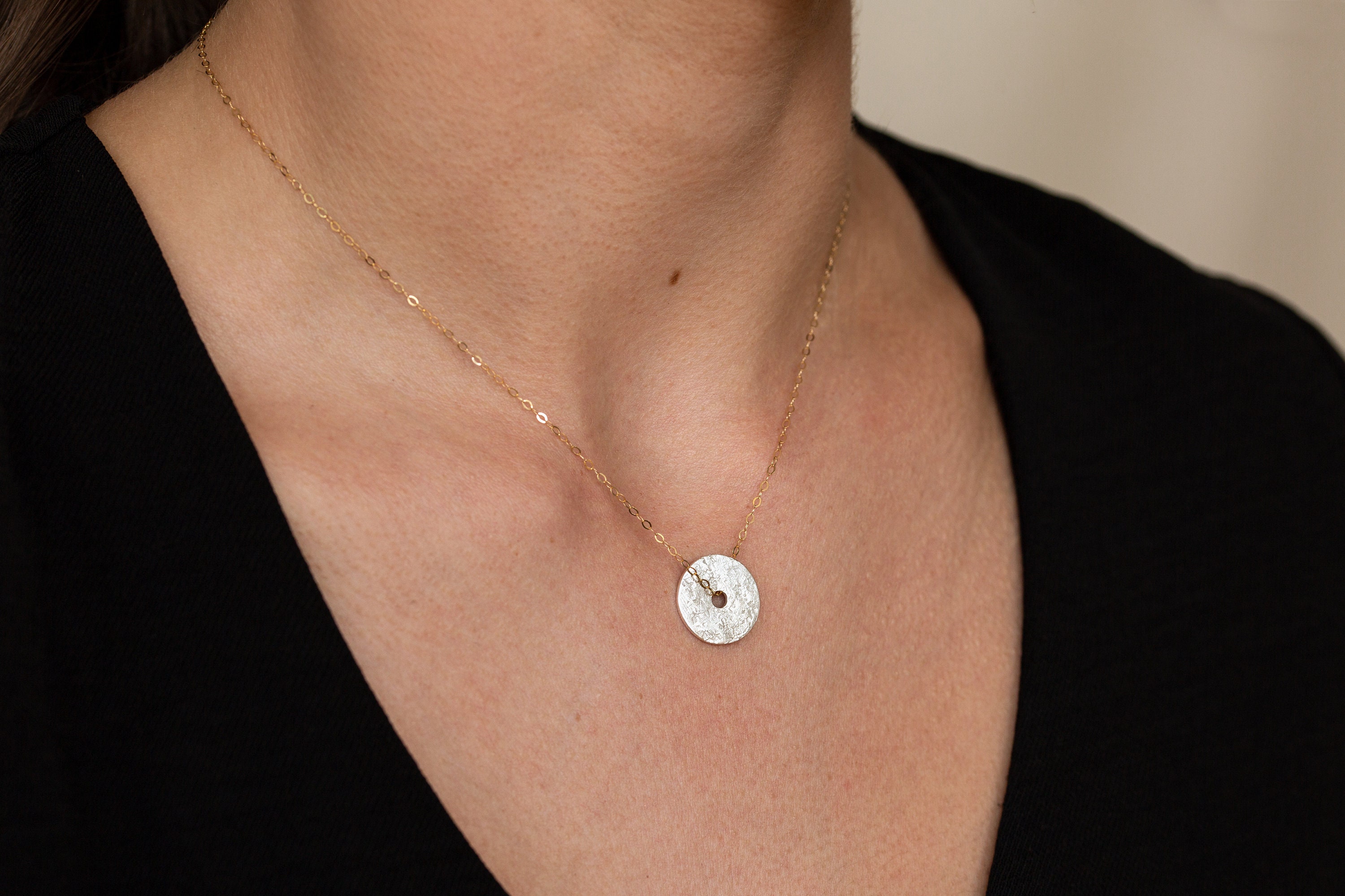 stardust Textured Coin Necklace On 9Ct Gold Chain | Recycled Silver Disc & With Hole