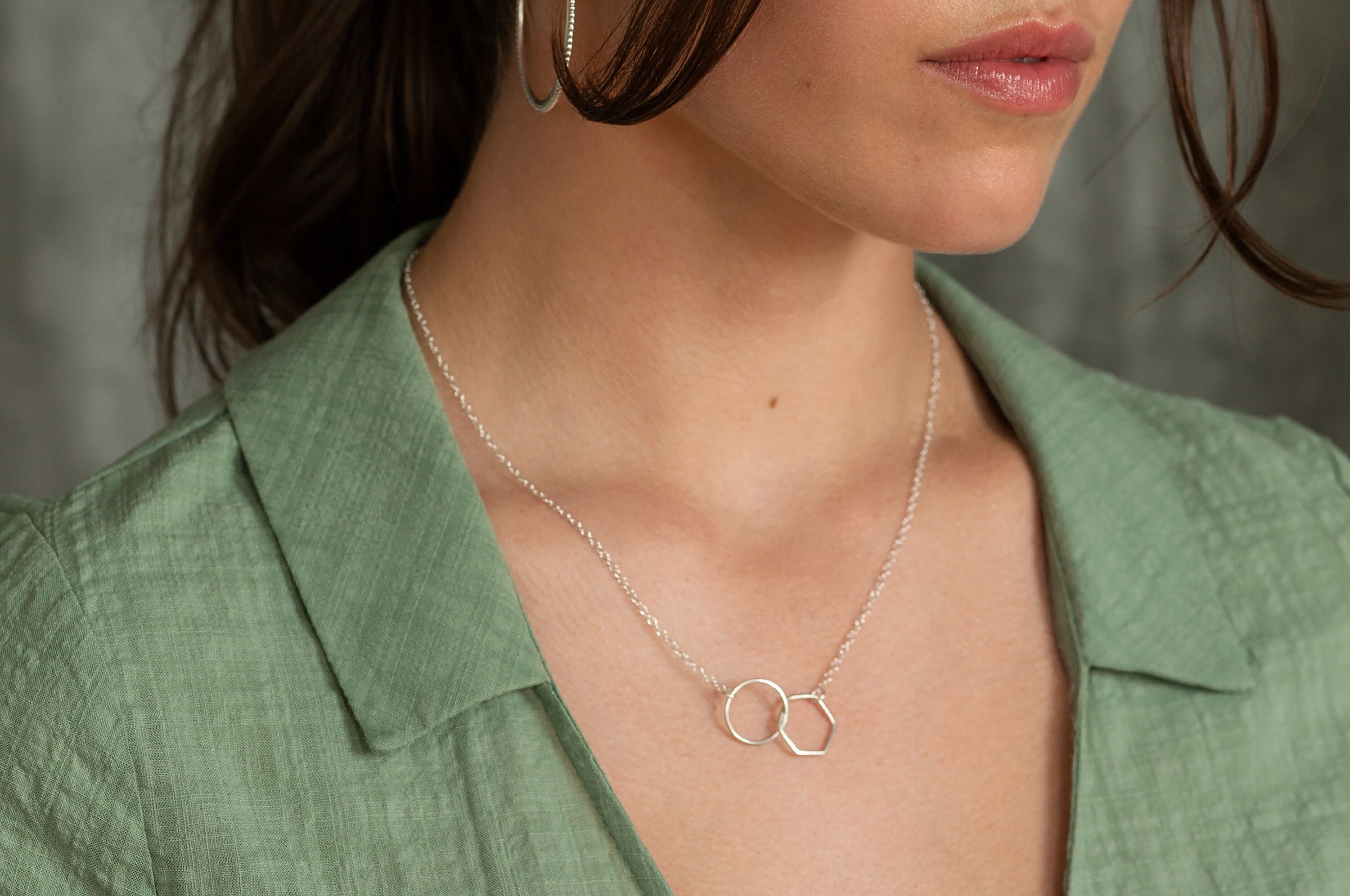 sterling Silver Circle Hexagon Necklace | Double Hoop Interlocking