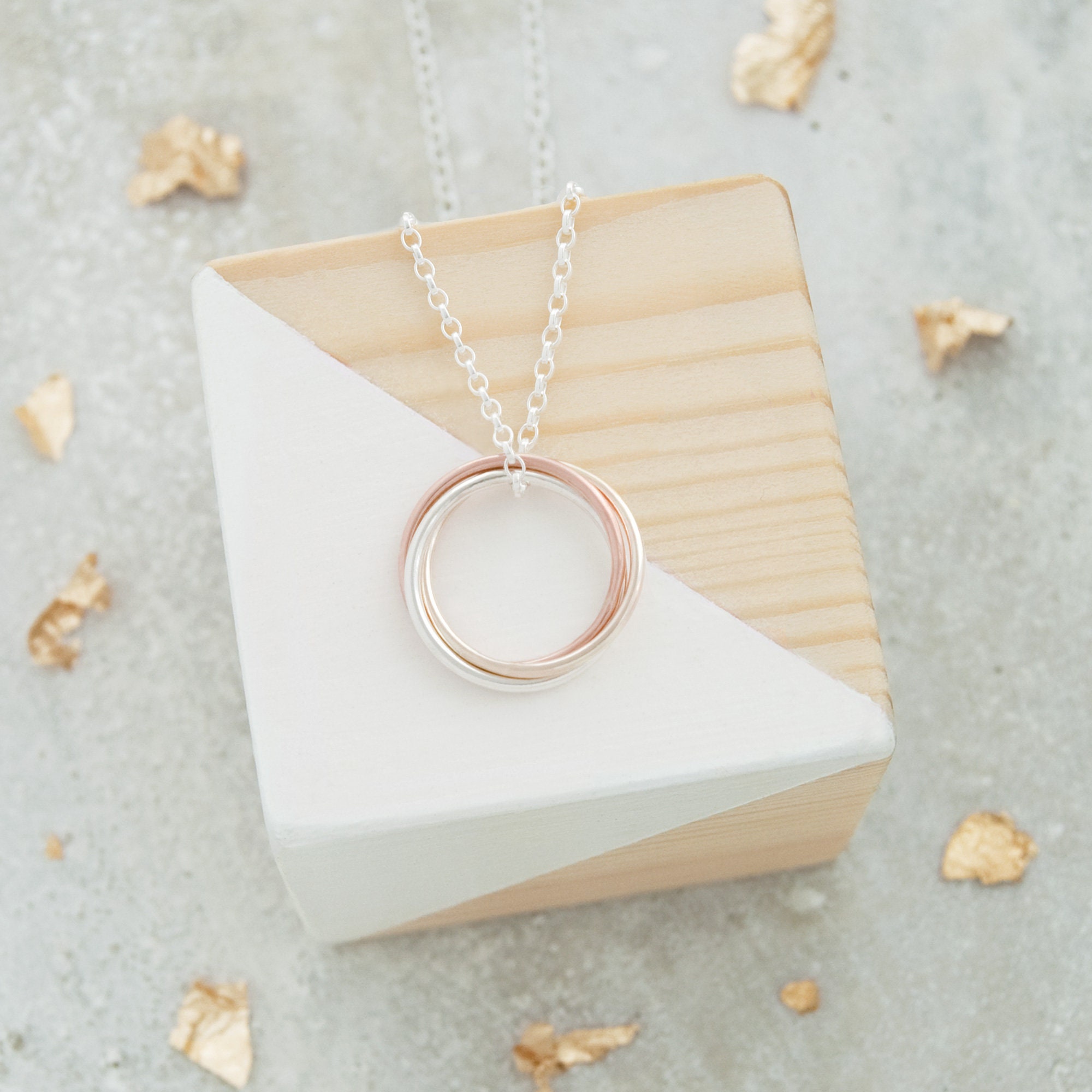 30Th Birthday Necklace - 9Ct Solid Gold & Sterling Silver, Gift, 3 Rings For Decades