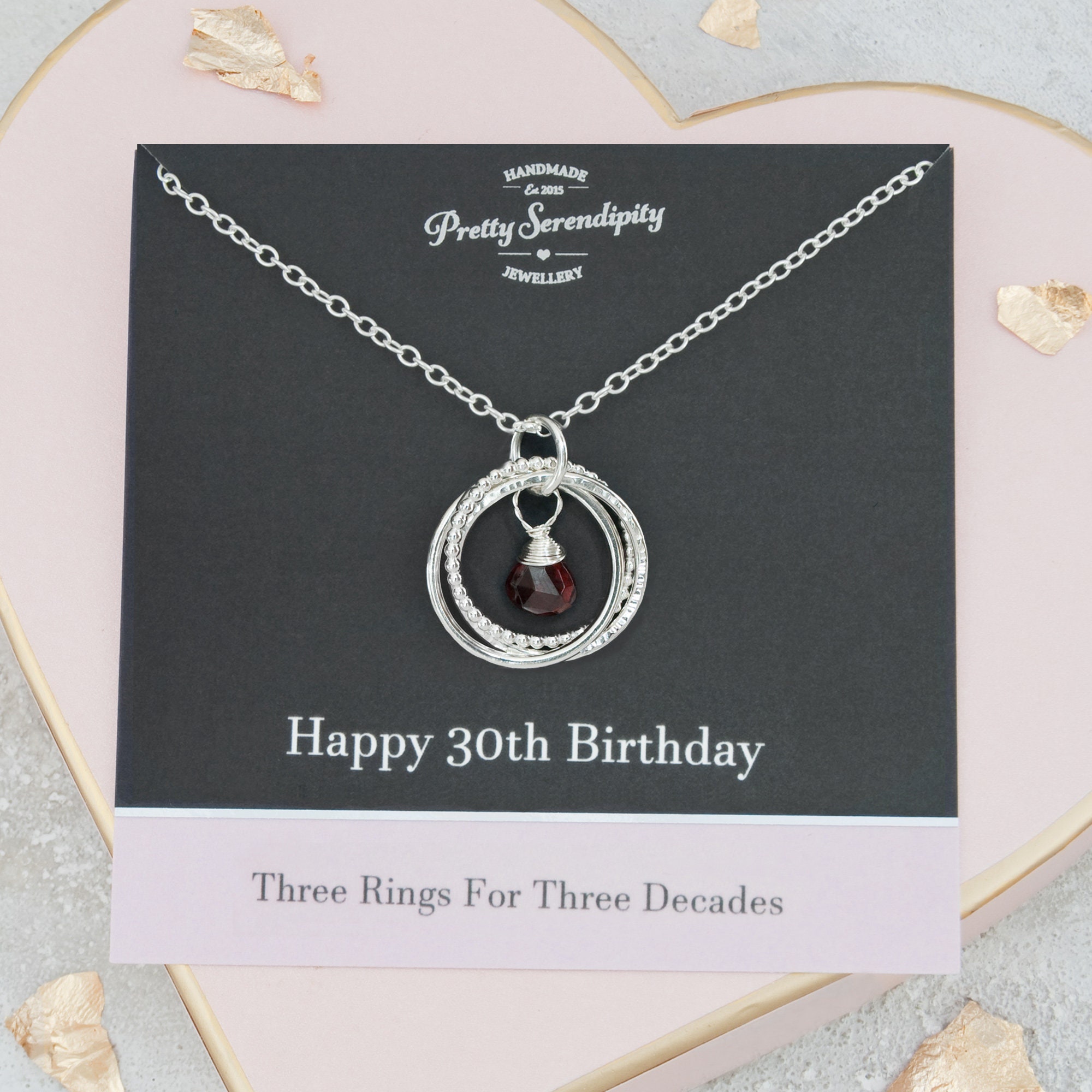 30Th Birthday Birthstone Necklace - Textured Sterling Silver, 3 Rings For Decades, Gift Her