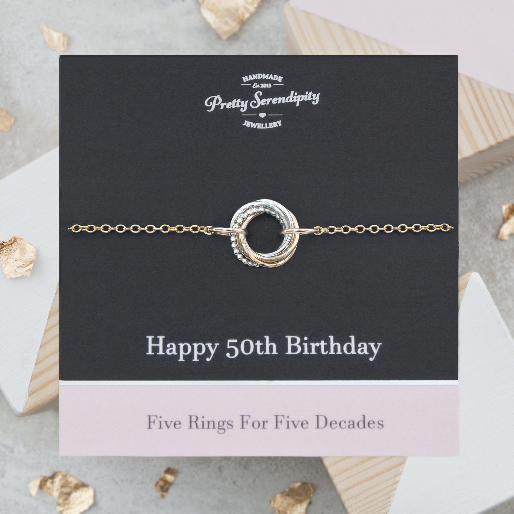 50Th Birthday Mixed Metal Bracelet - 5 Rings For Decades, Gifts Her, Silver & 14Ct Gold Fill