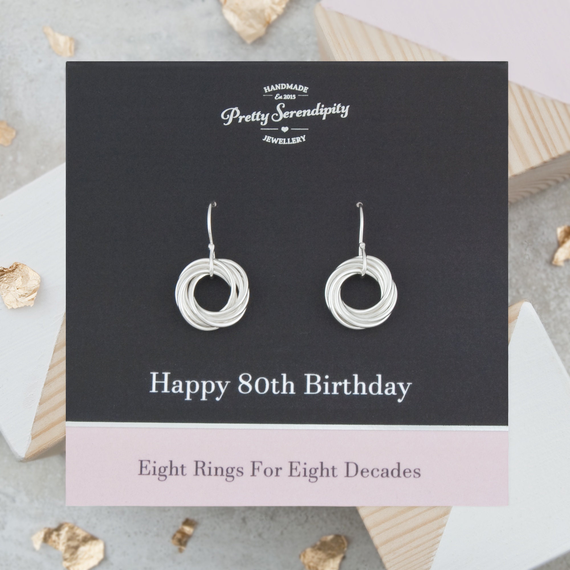 80Th Birthday Earrings, Gift, Jewellery, 8 Rings For Decades