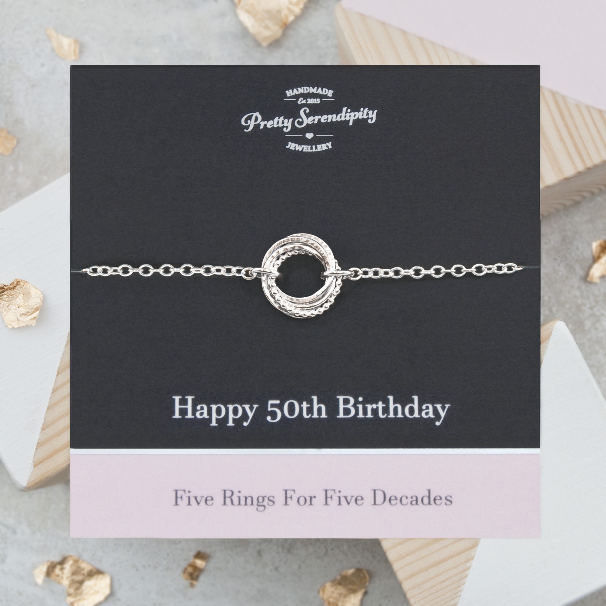 50Th Birthday Textured Silver Bracelet - 5 Rings For Decades, Gifts