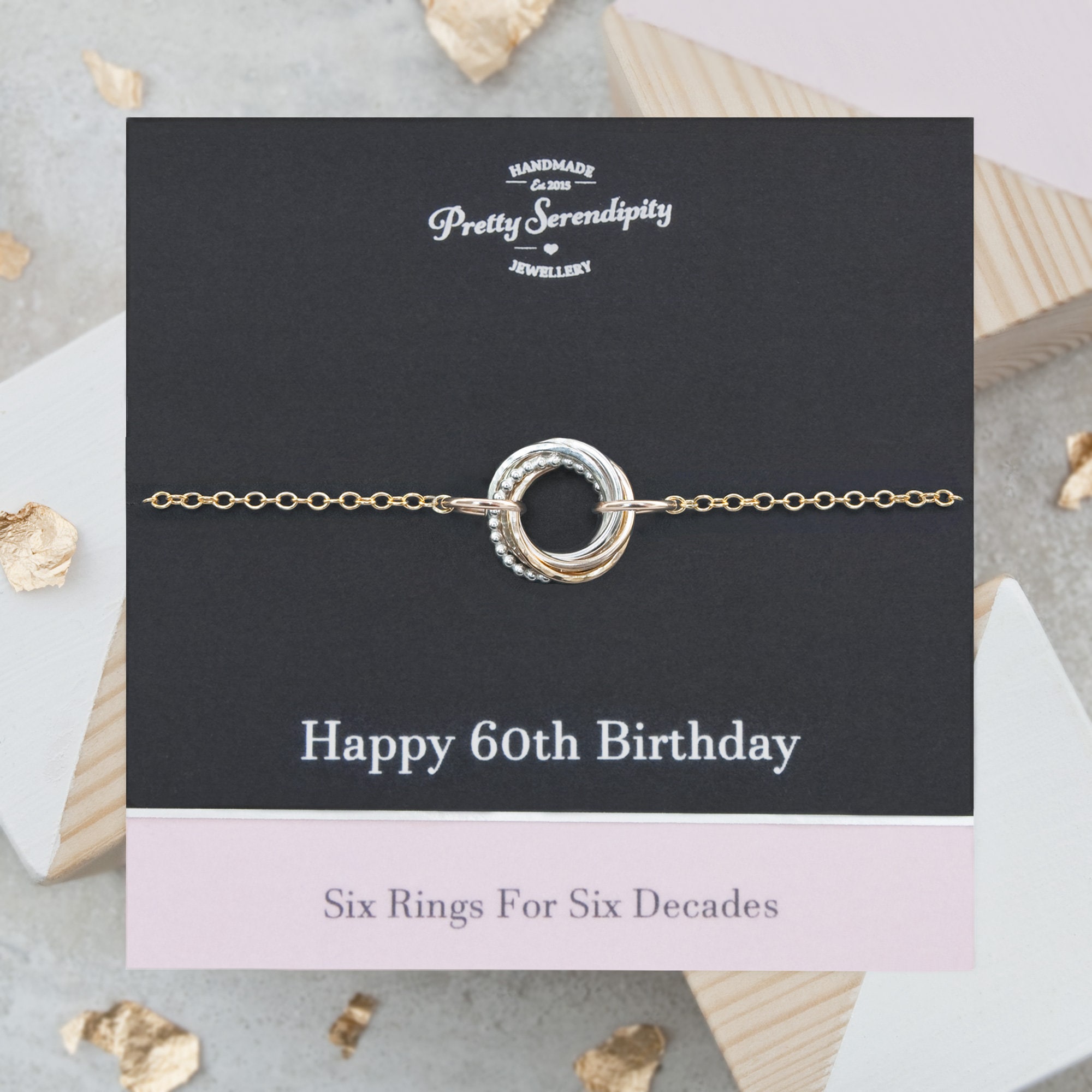 60Th Birthday Mixed Metal Bracelet - 6 Rings For Decades, Gifts Her, Silver & 14Ct Gold Fill