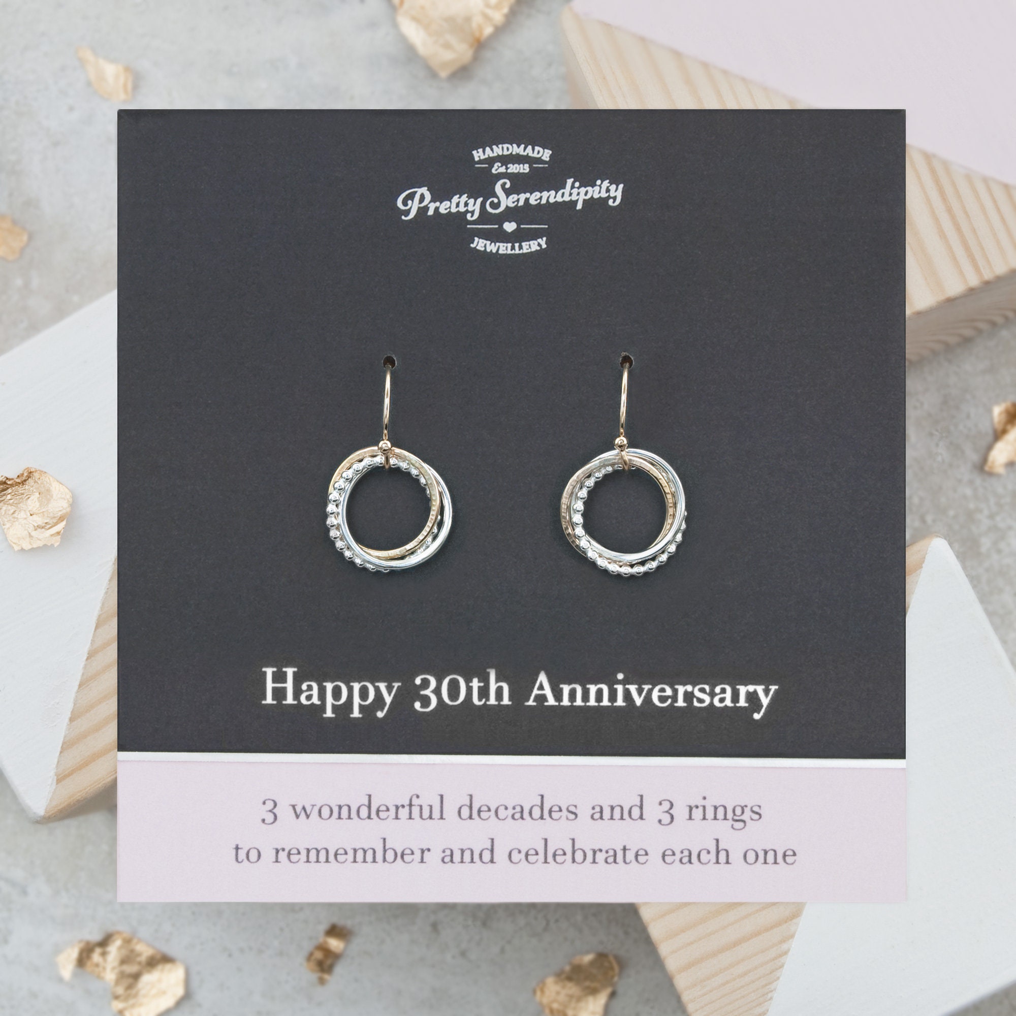 30Th Anniversary Earrings, Wedding Gift, 3 Rings For Decades Of Marriage, Gold & Silver