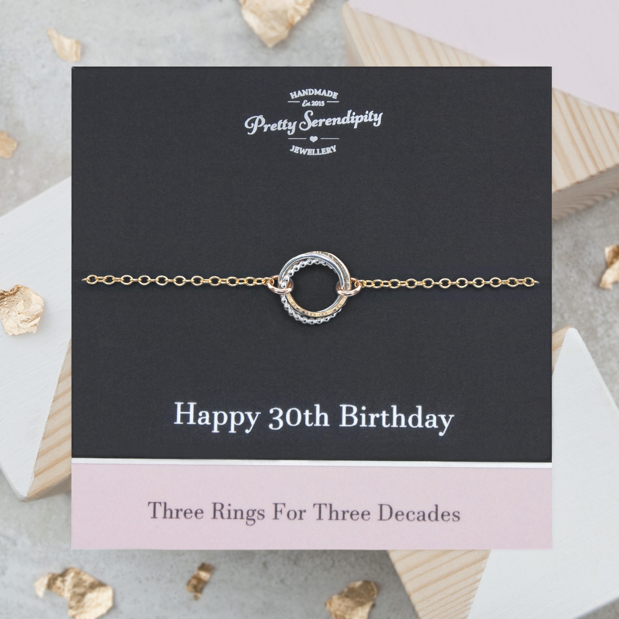 30Th Birthday Mixed Metal Bracelet - 3 Rings For Decades, Gifts Her, Silver & 14Ct Gold Fill