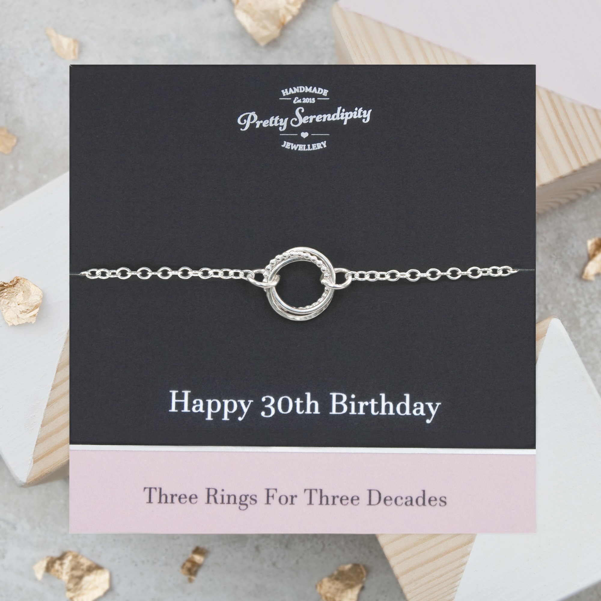 30Th Birthday Textured Silver Bracelet - 3 Rings For Decades, Gifts