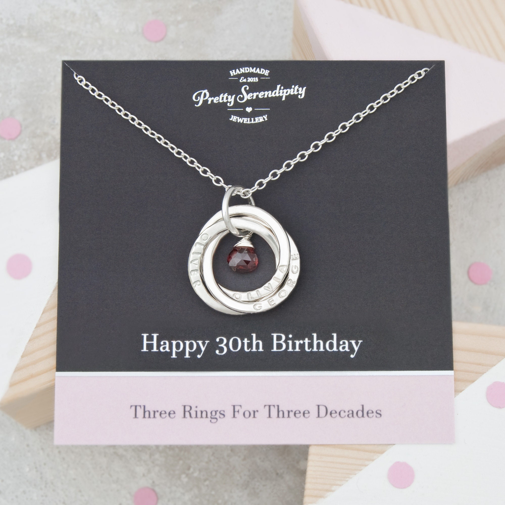 Personalised 30Th Birthday Necklace With Birthstone, Gift, 3 Rings For Decades