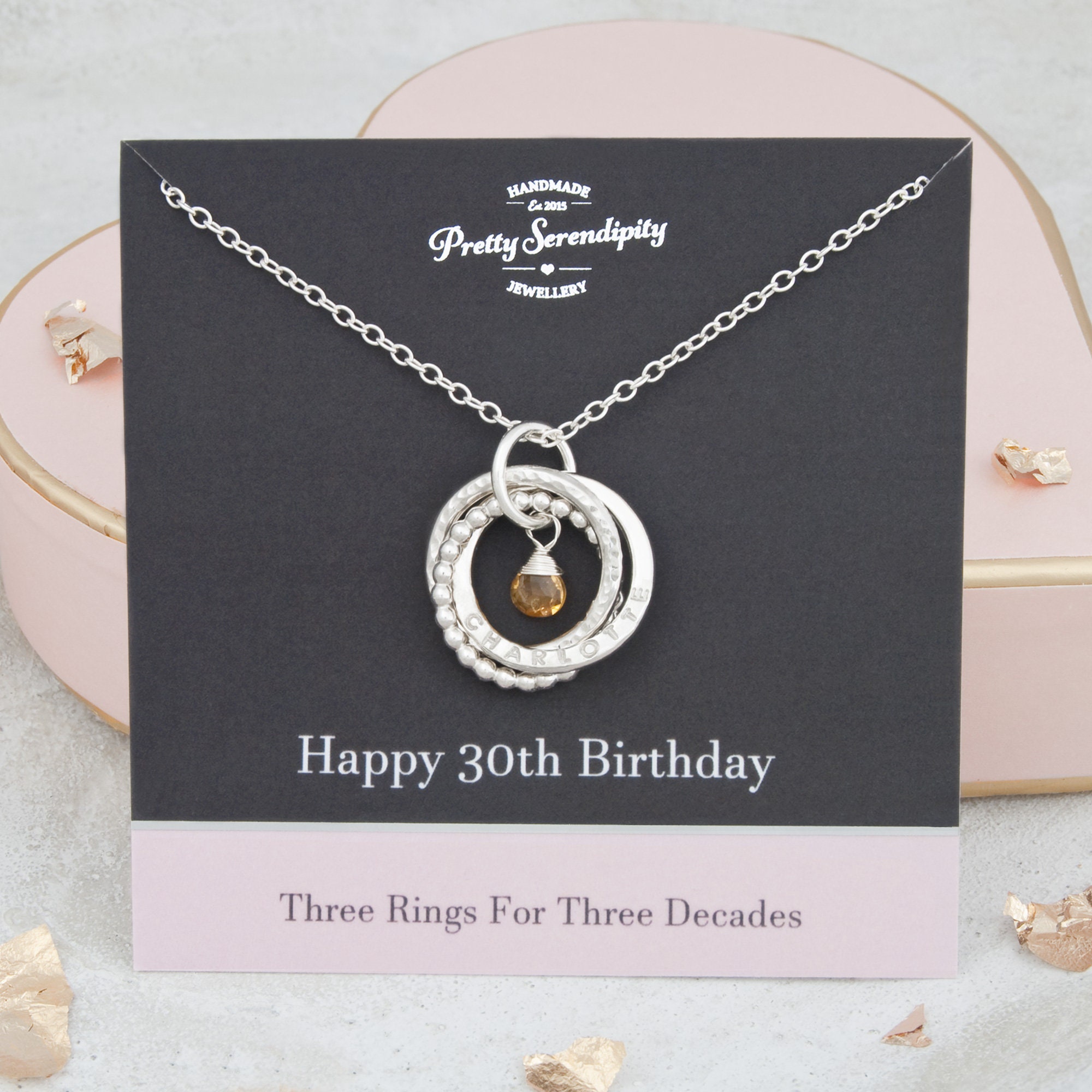 Personalised 30Th Birthday Birthstone Necklace - Customize With Girl’s Name, Gift, 3 Rings For Decades