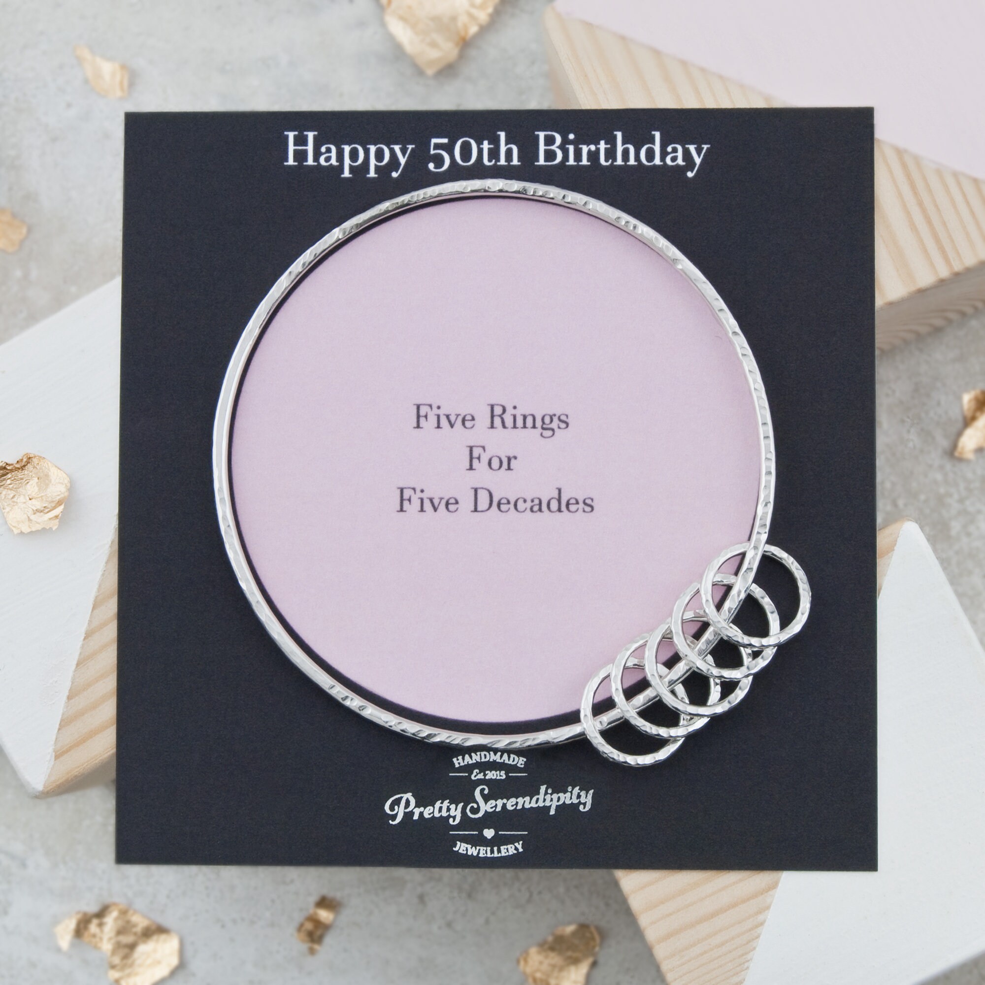 50Th Birthday Bangle, Gift, 5 Rings For Decades