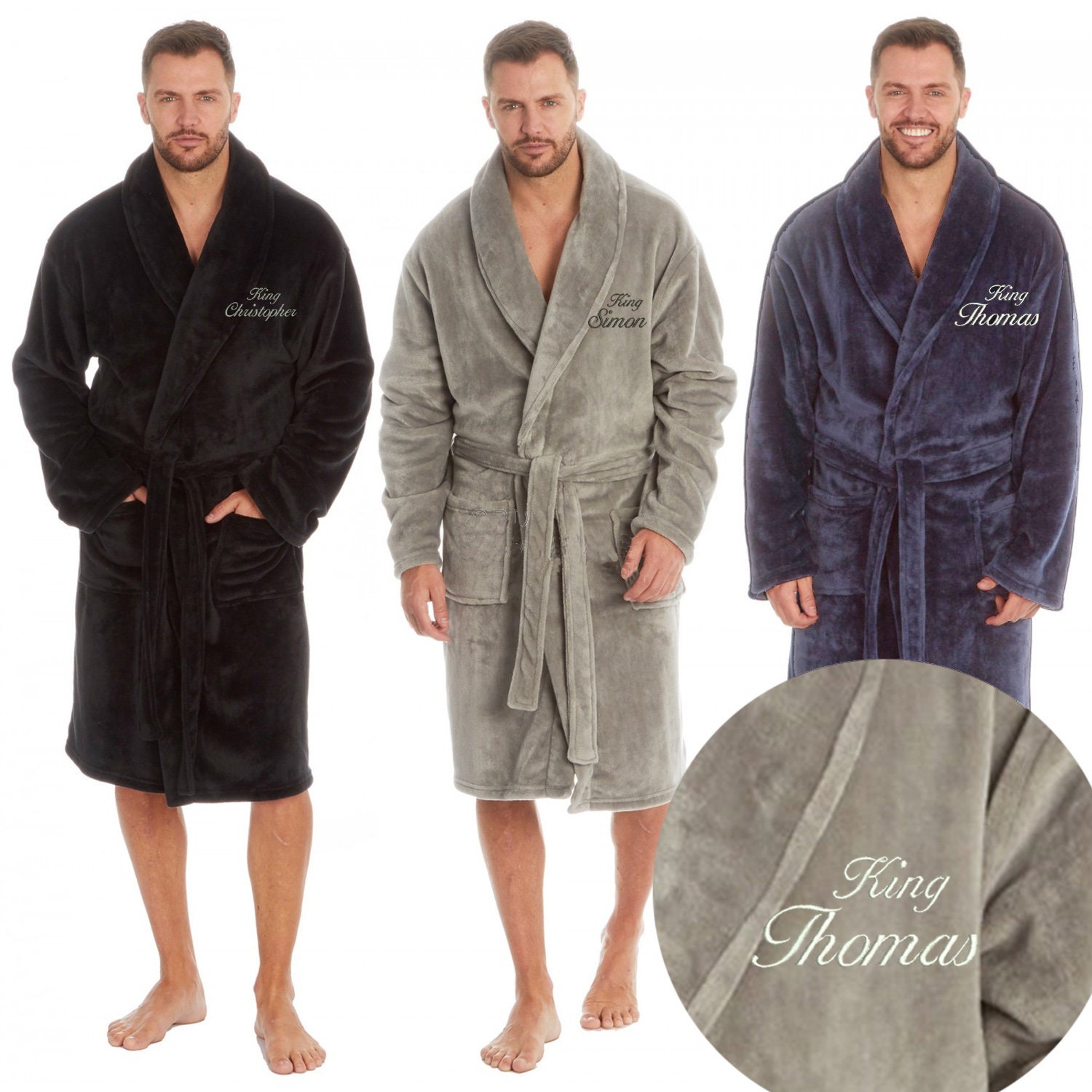 Personalised Embroidered Mens Robe Dressing Gown Bathrobe Gents Premium Quality Super Soft Touch Christmas Birthday Fathers Day Gift Present