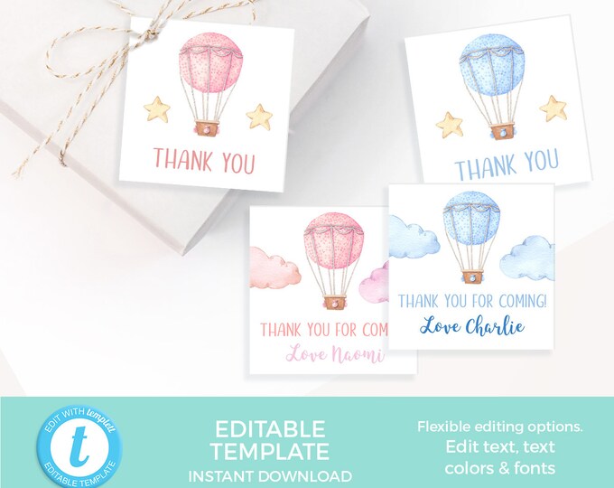 Hot Air Balloon Tag Template Blue Thank You Tag Editable Pink Favor Tag Printable Favour