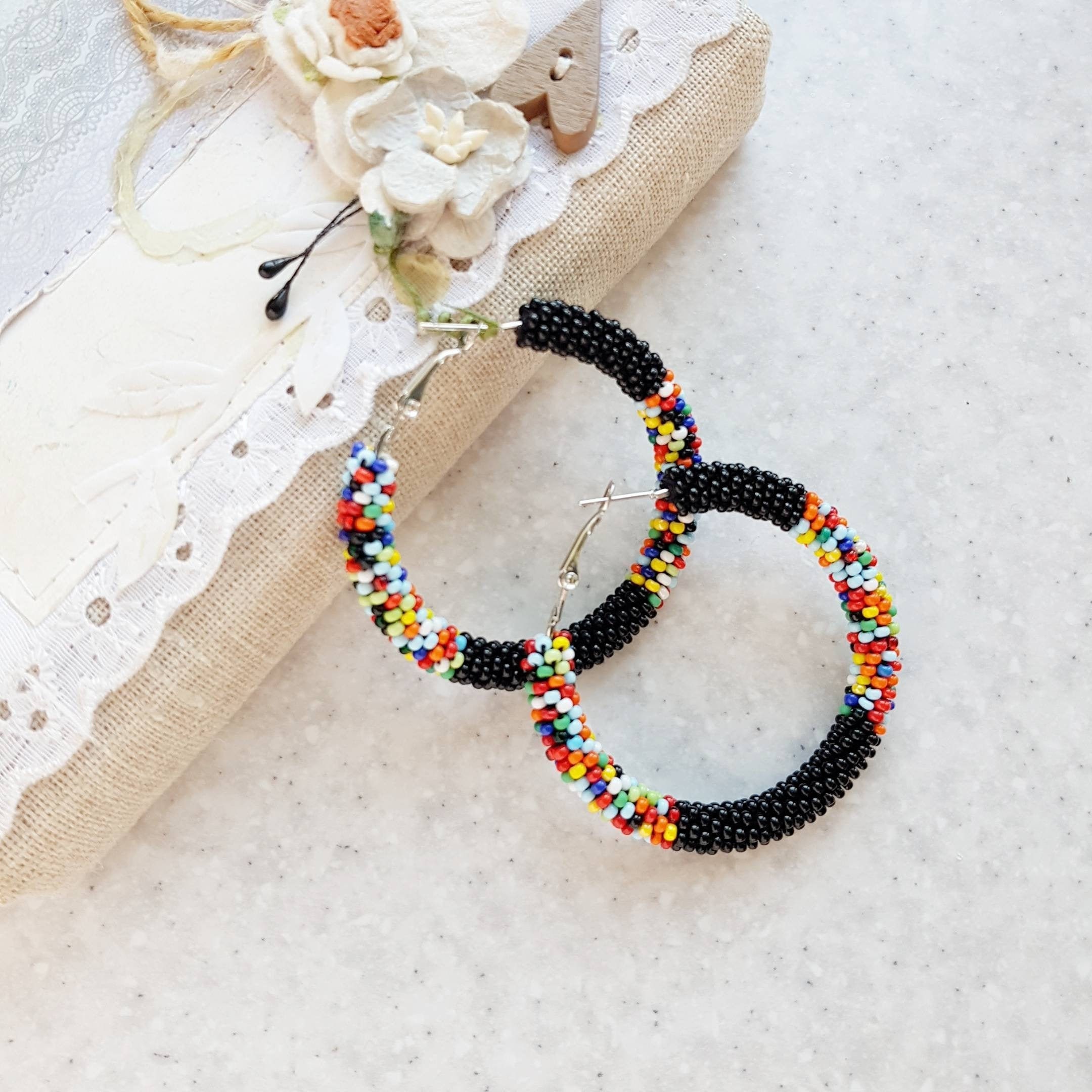 Black And Multi Colored Beaded Earrings Native Hoop Earrings Etsy