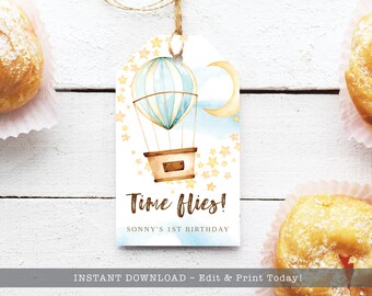 Blue Hot Air Balloon Printable Favor Tag Up And Away Themed Etsy