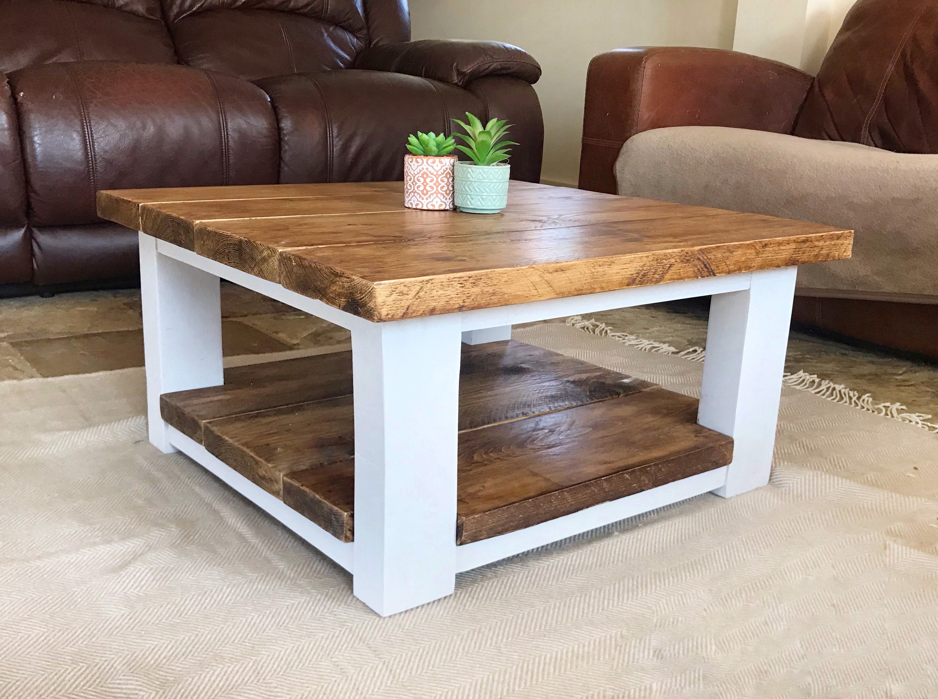 Chunky wooden Coffee Table, square table, reclaimed wooden table with painted grey leg and trims