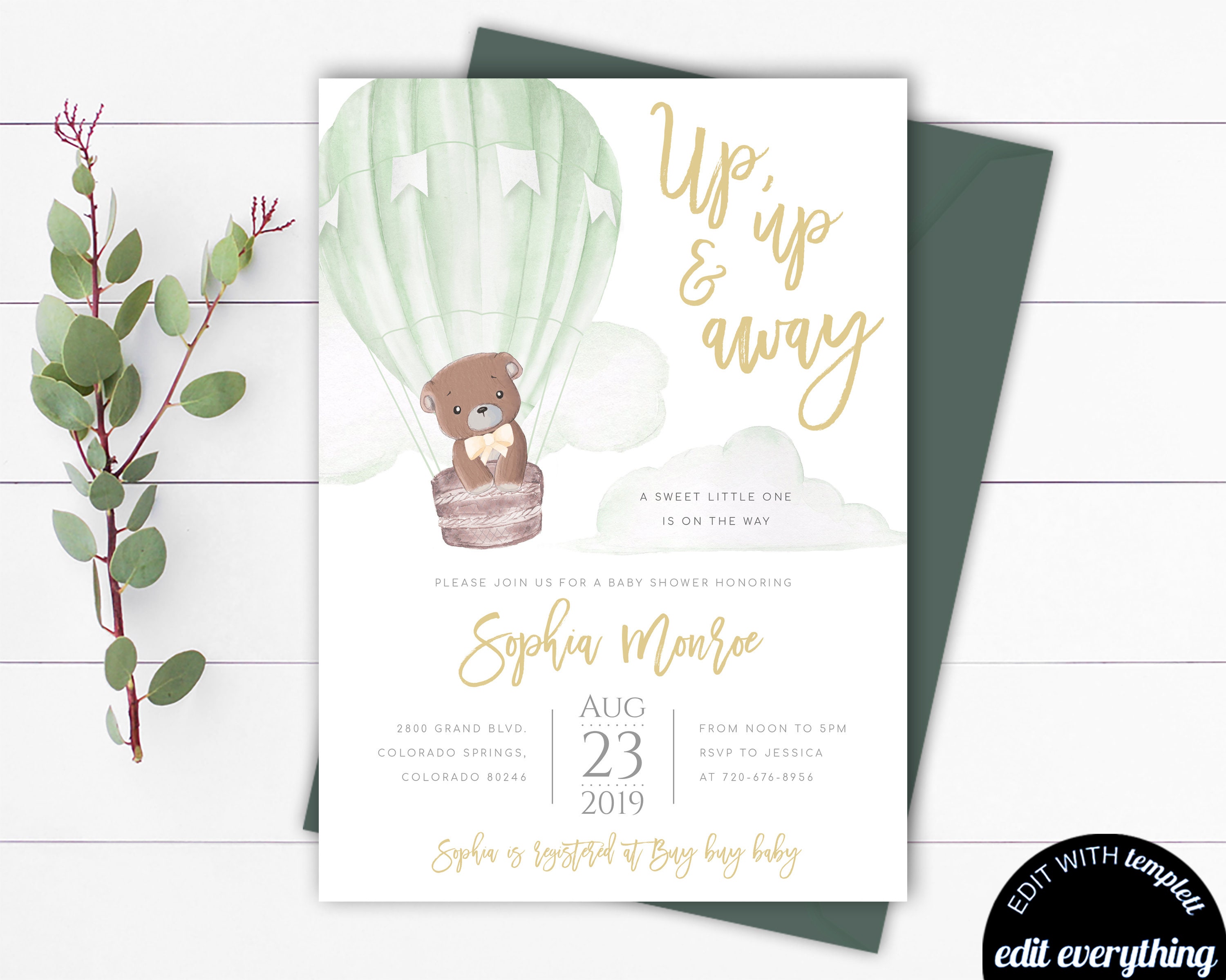 Teddy Bear Gender Neutral Hot Air Balloon Baby Shower Invite Up Up And Away Hot Air Balloon