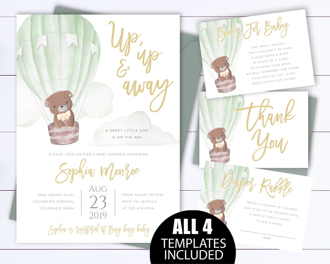 Teddy Bear Gender Neutral Hot Air Balloon Baby Shower Invite Up Up And Away Hot Air Balloon