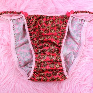Valentine S Satin Panties Hot Pink Leopard Heart Print Vtg Style Silky Sissy Shiny String Bikini