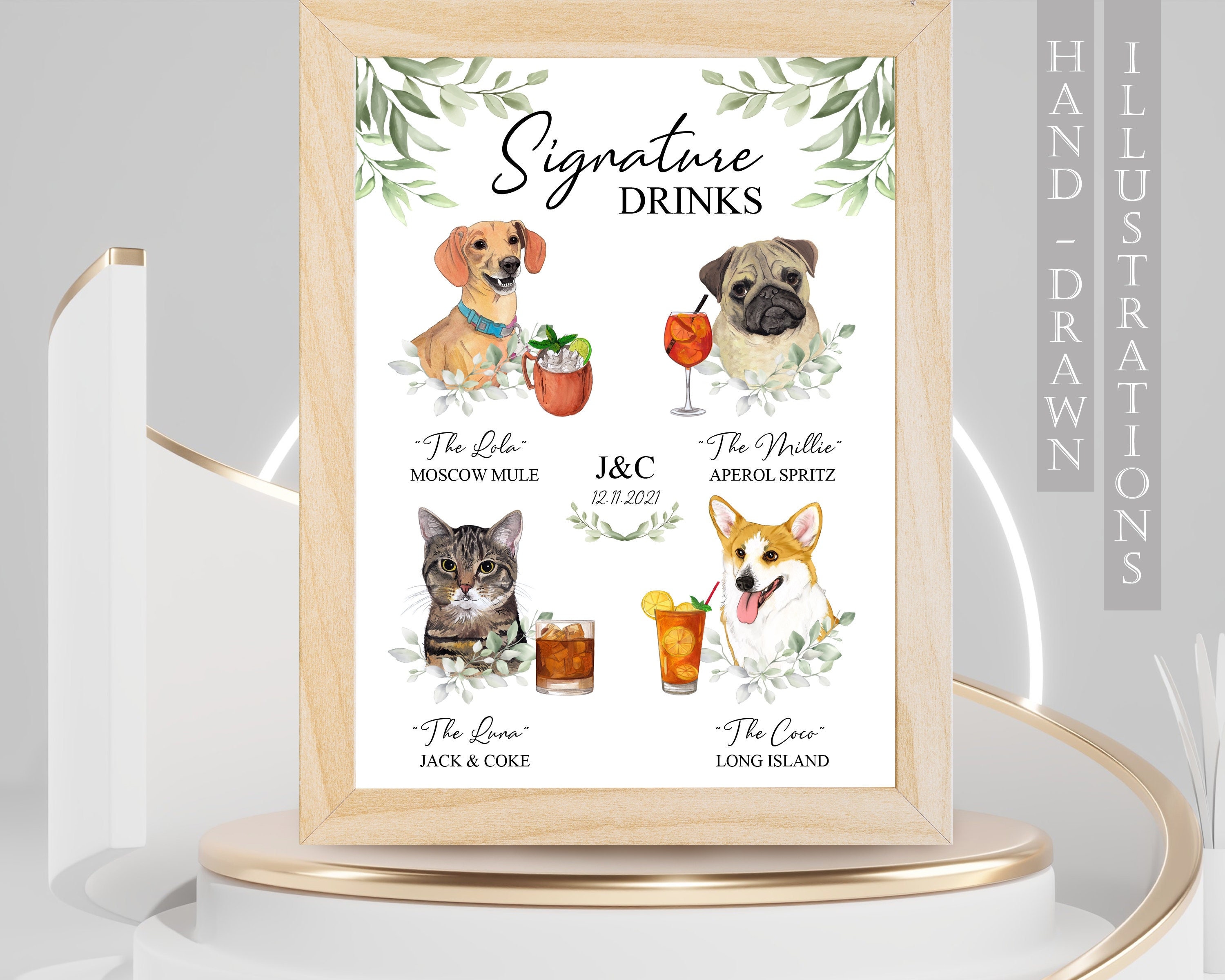 4 Pets Signature Drink Sign, Dog Cocktail Of Honor, Wedding Sign With Cat Portrait
