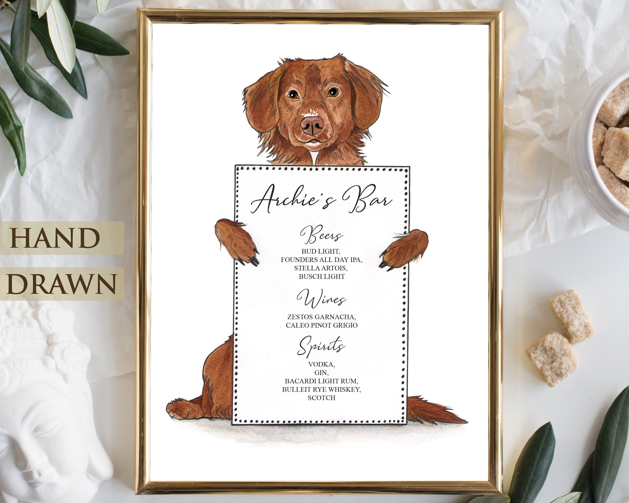 Custom Wedding Bar Sign Menu With Pet Personalised Cocktails Dog Cat Poster Watercolour Illustrated Animal Boho Signage His & Hers