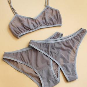 Gray Mesh Lingerie Set Gray Sexy See Through Underwear Set Gray Mesh Thong Panty Bralette