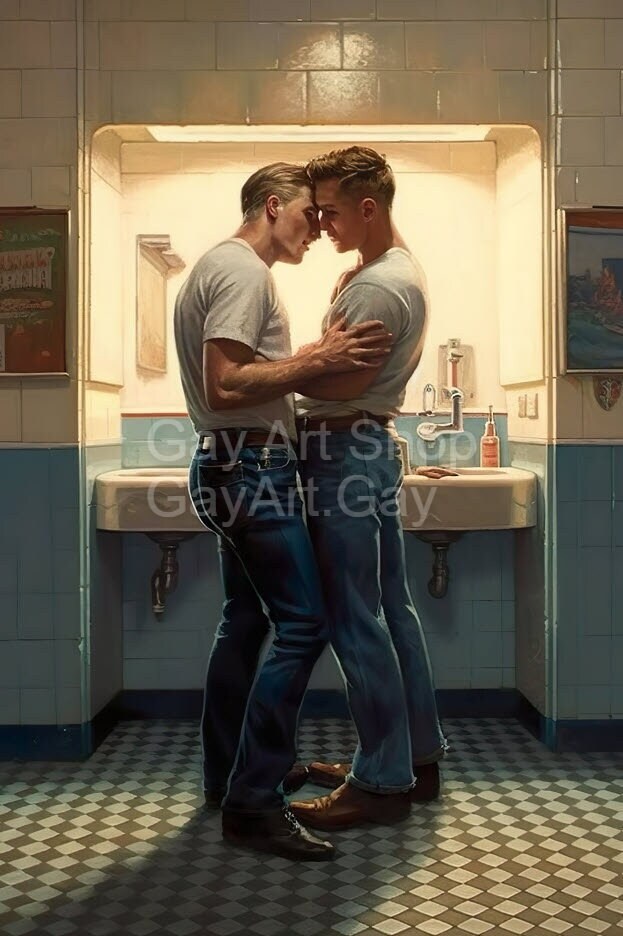 1950s Restroom Cruising Series Retro Vintage Gay Artworks Oil Painting