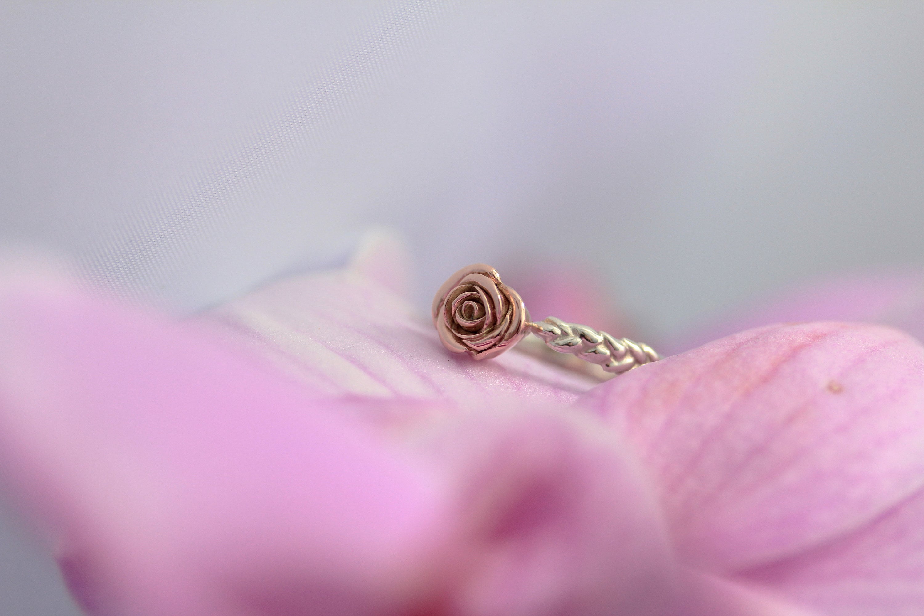 Rose & Wheat Flower Ring 9Ct & White Gold | Nature Inspired Alternative Engagement Unique Floral Wedding Band Dainty Ring