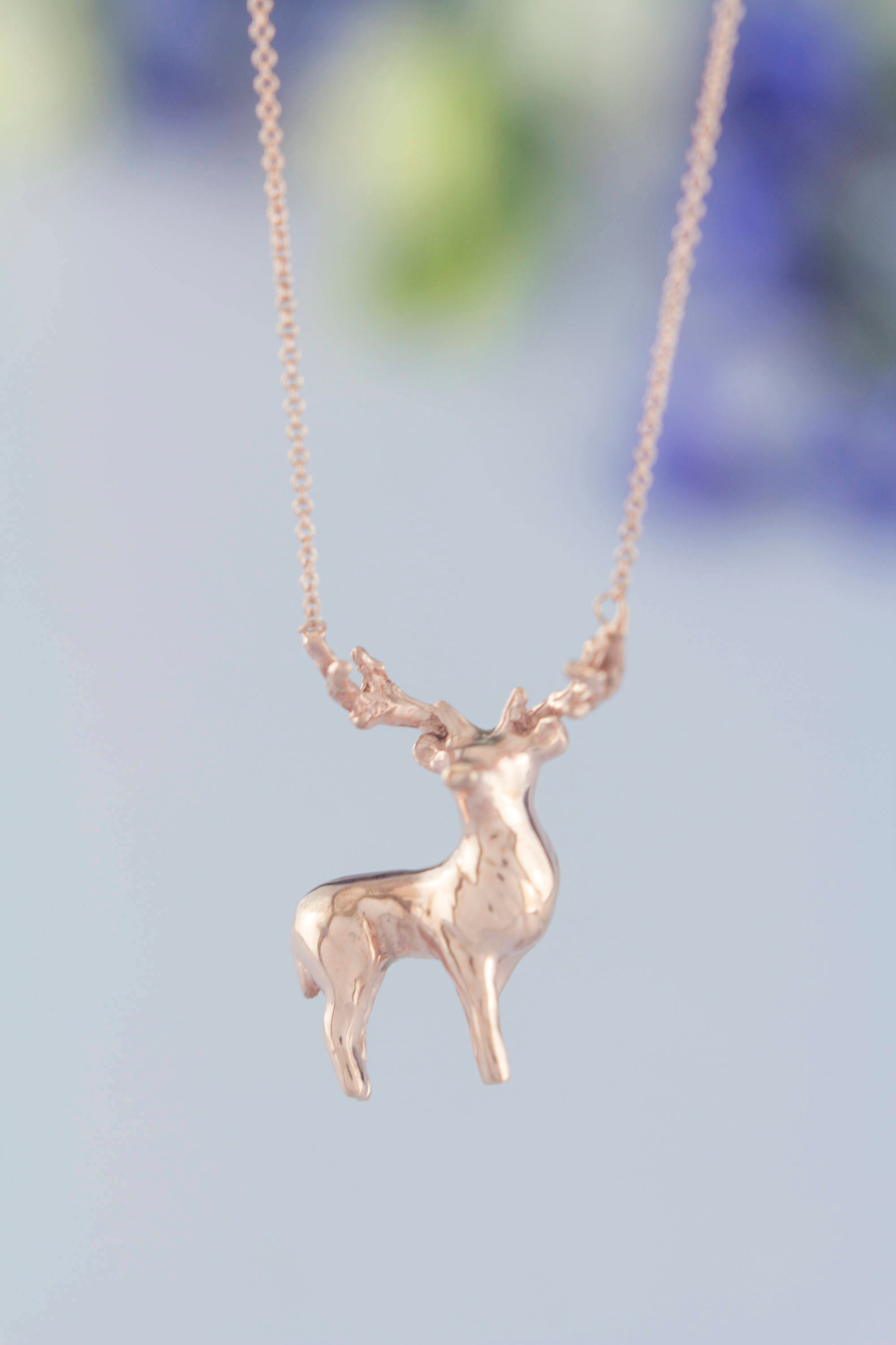 Rose Gold Stag Elk Deer Necklace. Hand Carved Design | Plated Sterling Silver Personalised Animal Pendant By Rosalind Elunyd Jewellery