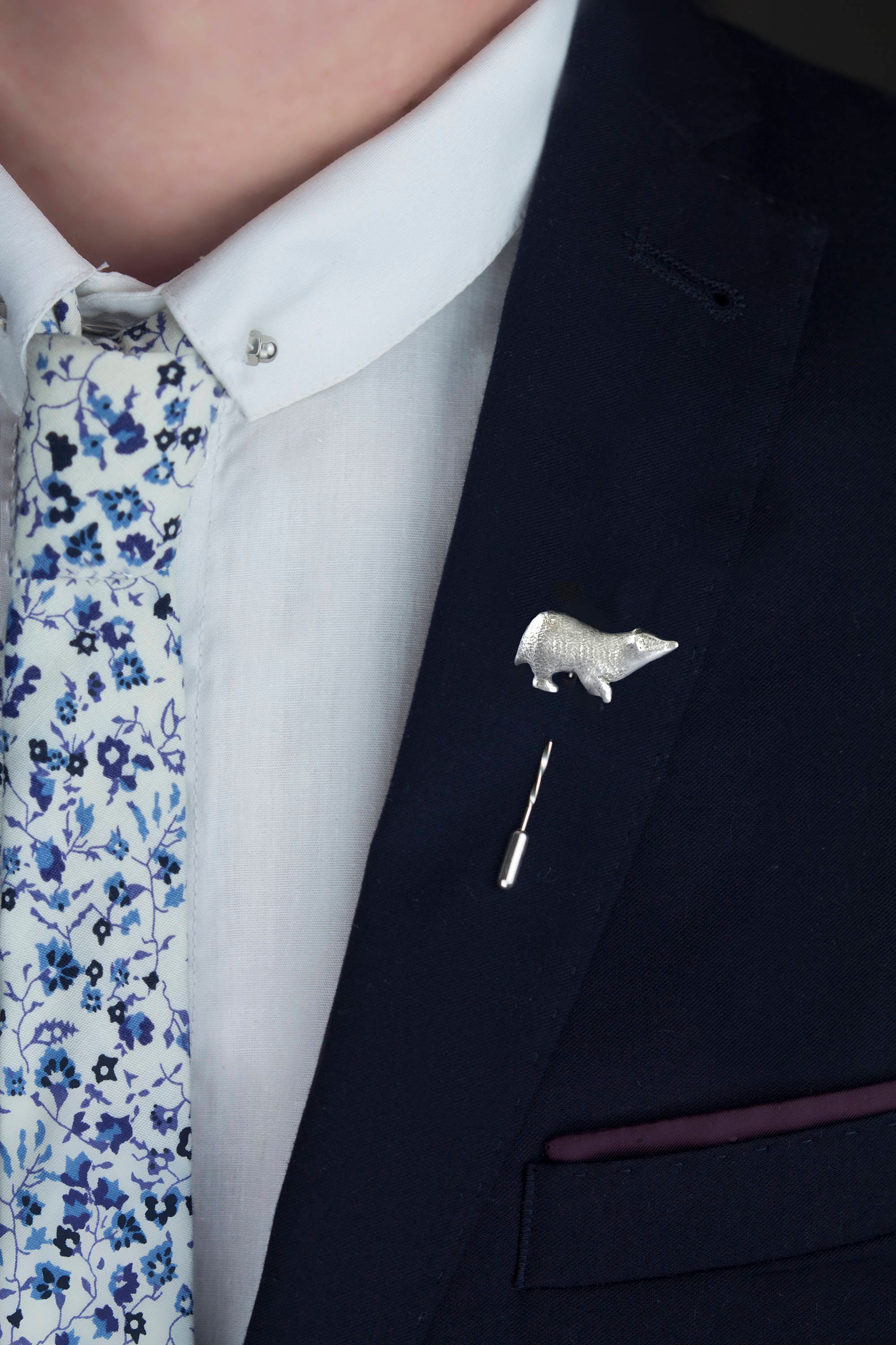 Badger Lapel Pin Boutonniere, Hand Carved Design. Sterling Silver Or Brooch. Animal Gift For Him By Rosalind Elunyd Jewellery
