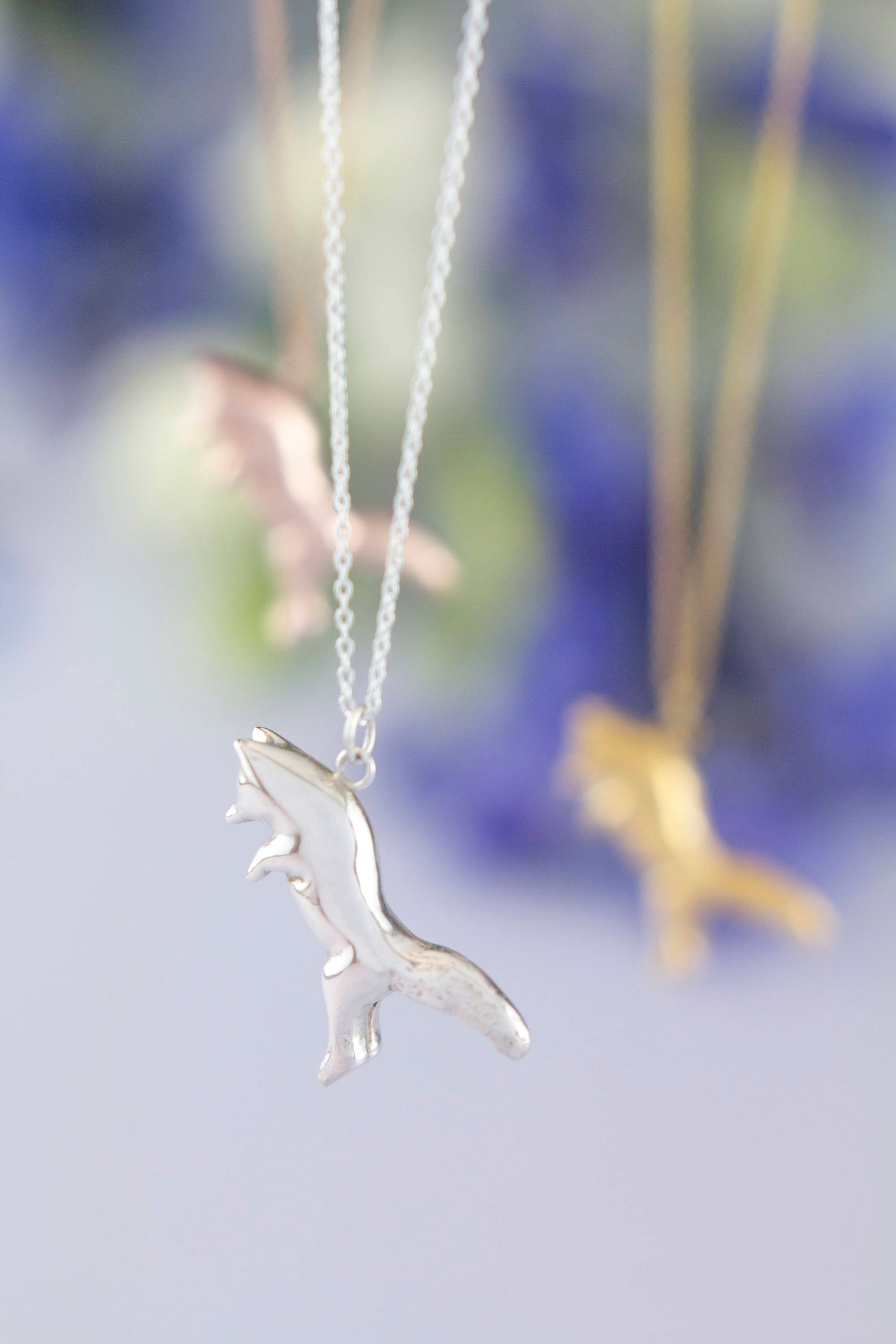 Jumping Fox Necklace, Hand Carved Pendant in Sterling Silver, Gold & Rose Gold, Can Be Personalised. By Rosalind Elunyd Jewellery