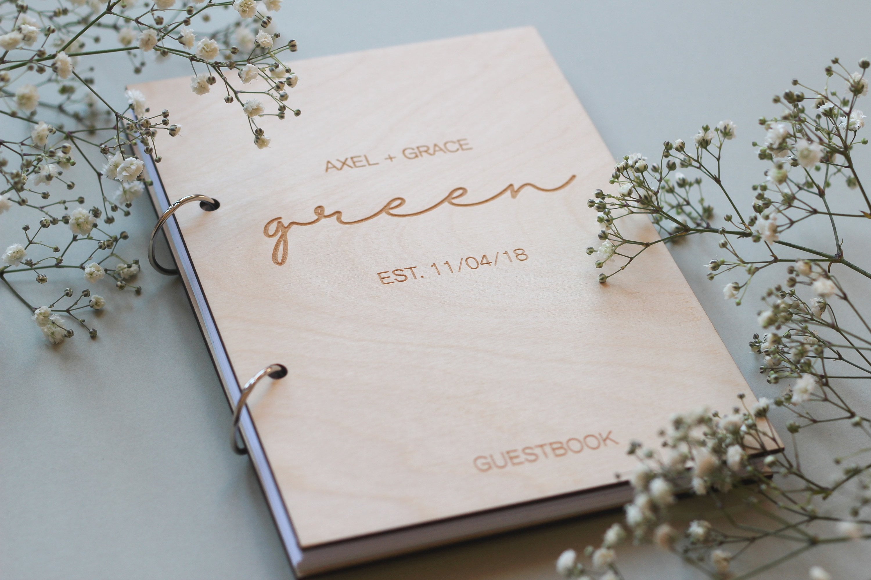 Custom Wooden Birch Photo Album Guest Book, Modern Wedding Guestbook With Simple Minimalistic Design, Text & Date